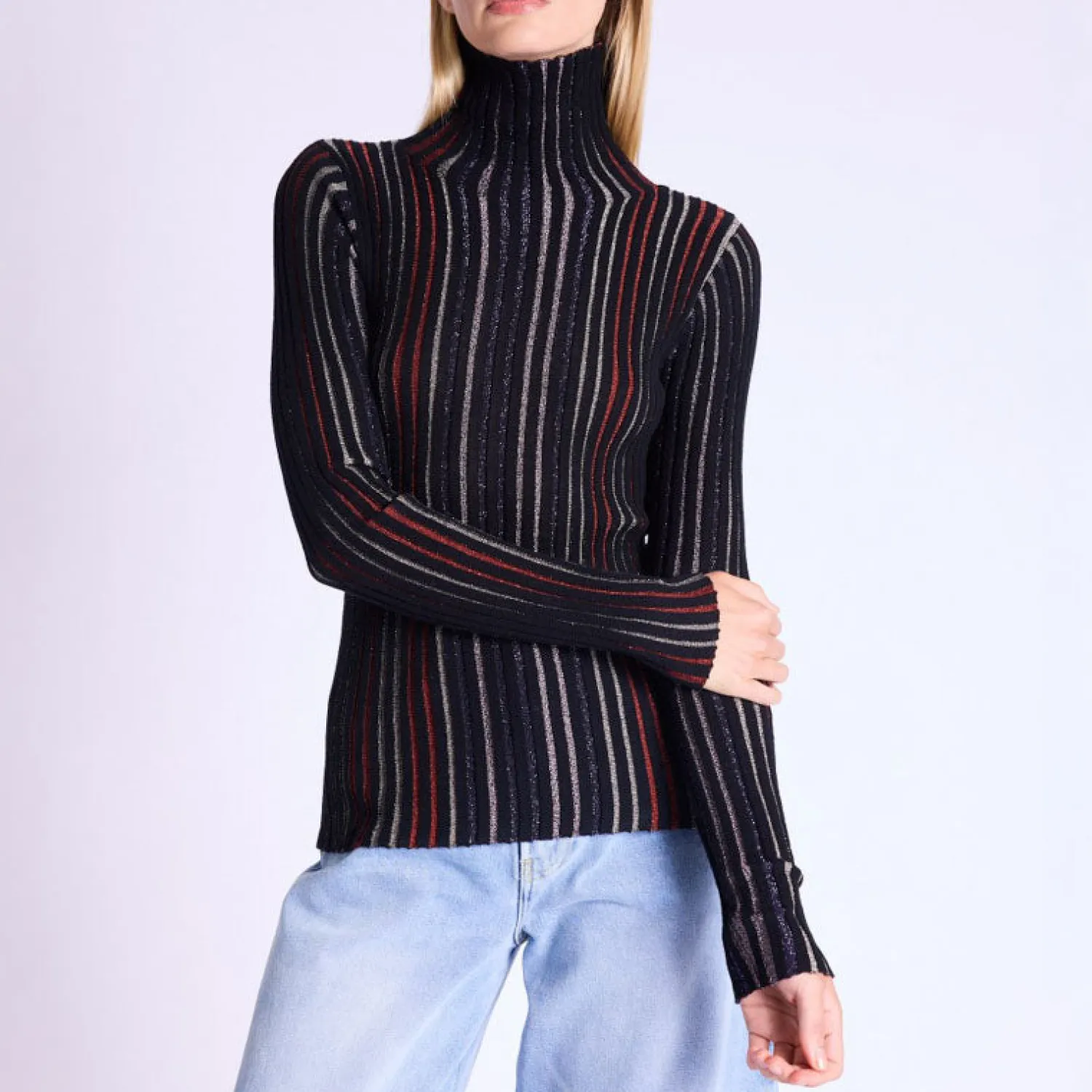 BERENICE A Glitter Lurex Stripe Roll Neck In Black Multi