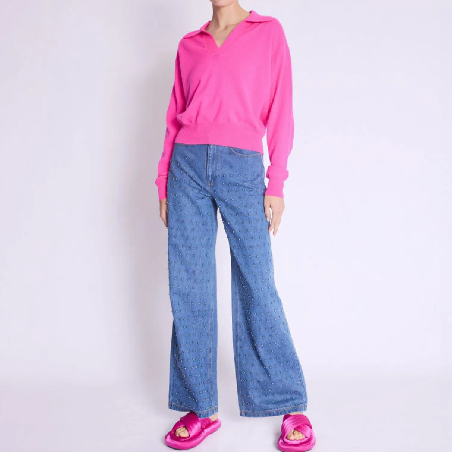 BERENICE Amypolo V Neck Knit In Neon Pink