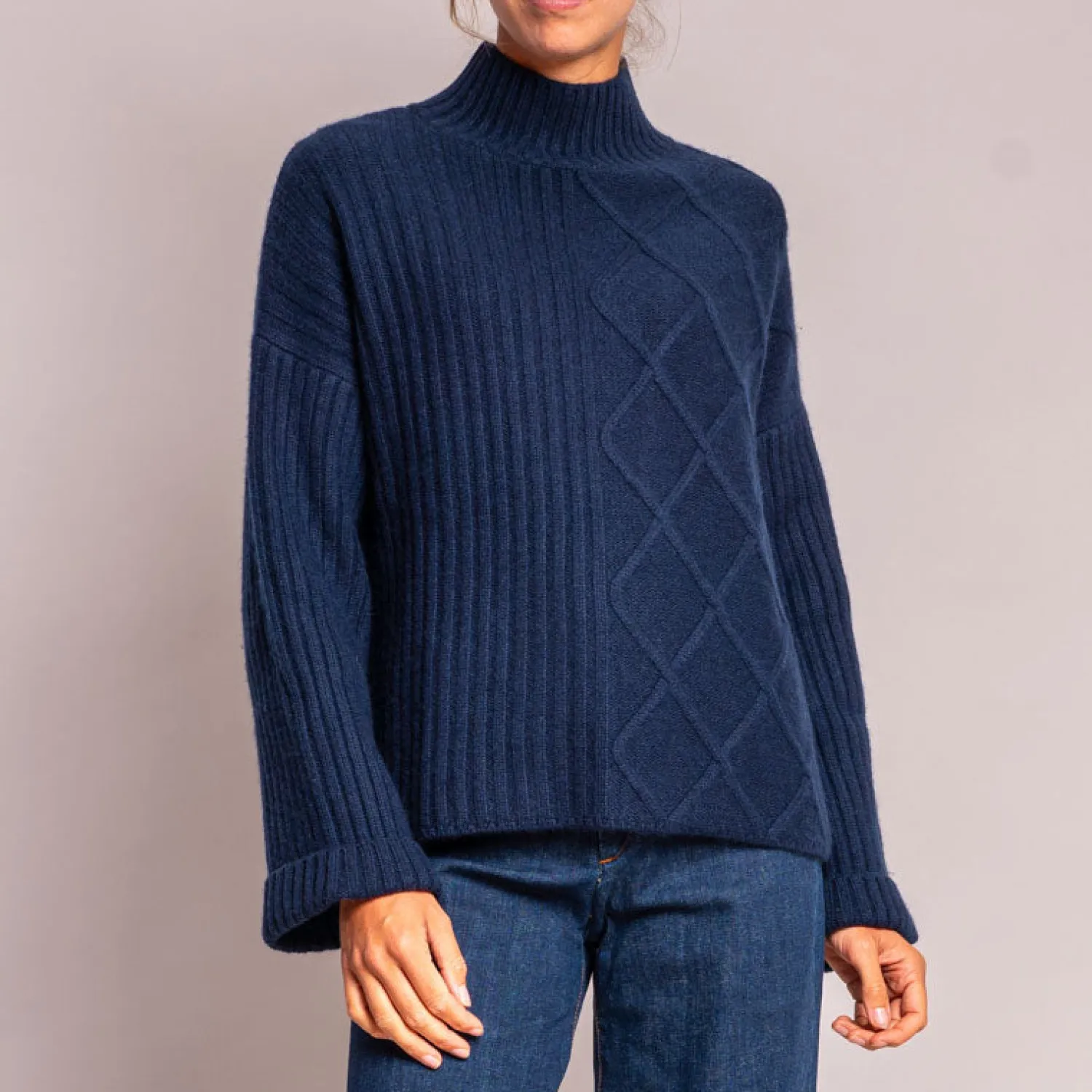 JUMPER1234 Aran Rib Turtle Neck Jumper In Navy