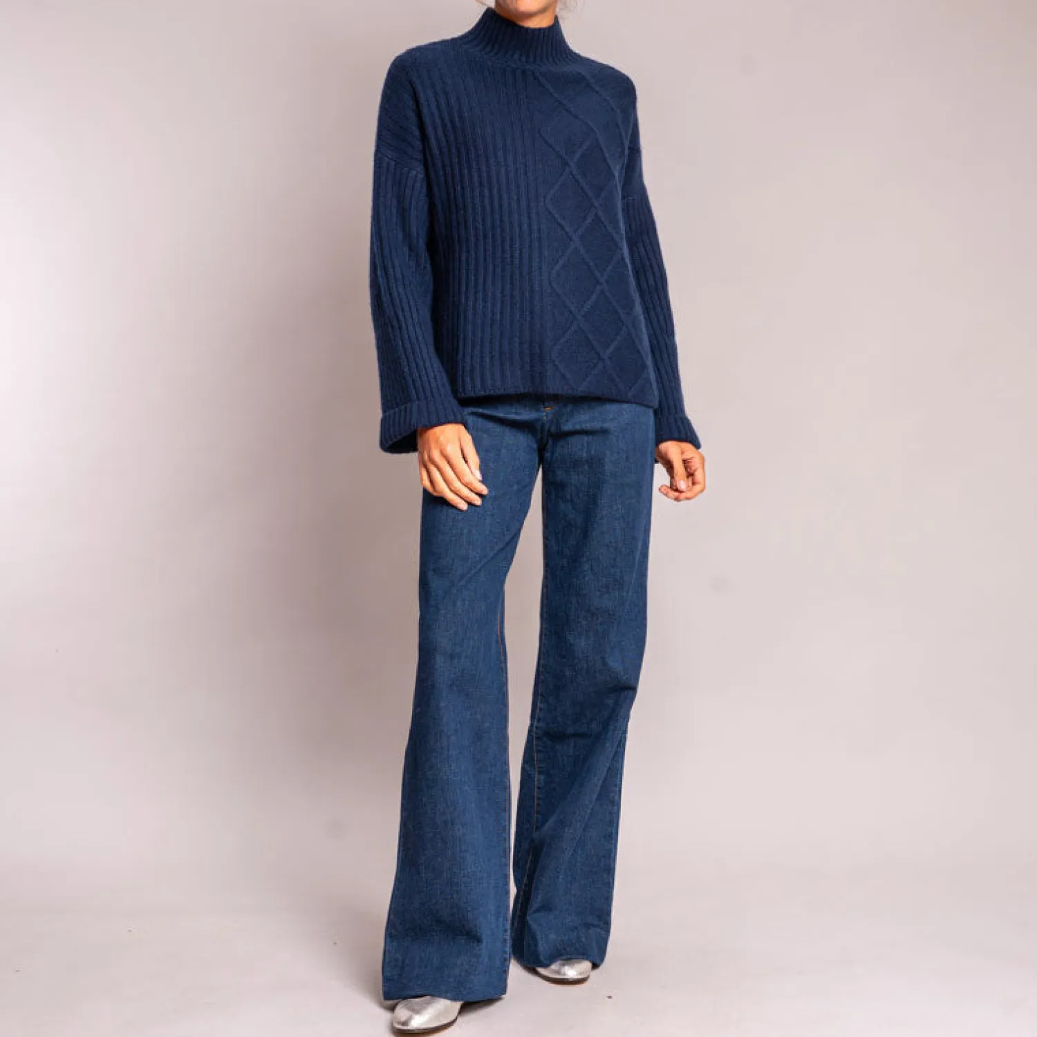 JUMPER1234 Aran Rib Turtle Neck Jumper In Navy