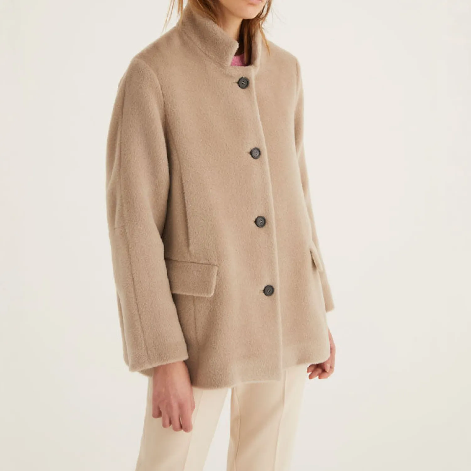 ROSSO35 Baby Llama Crop Coat In Beige