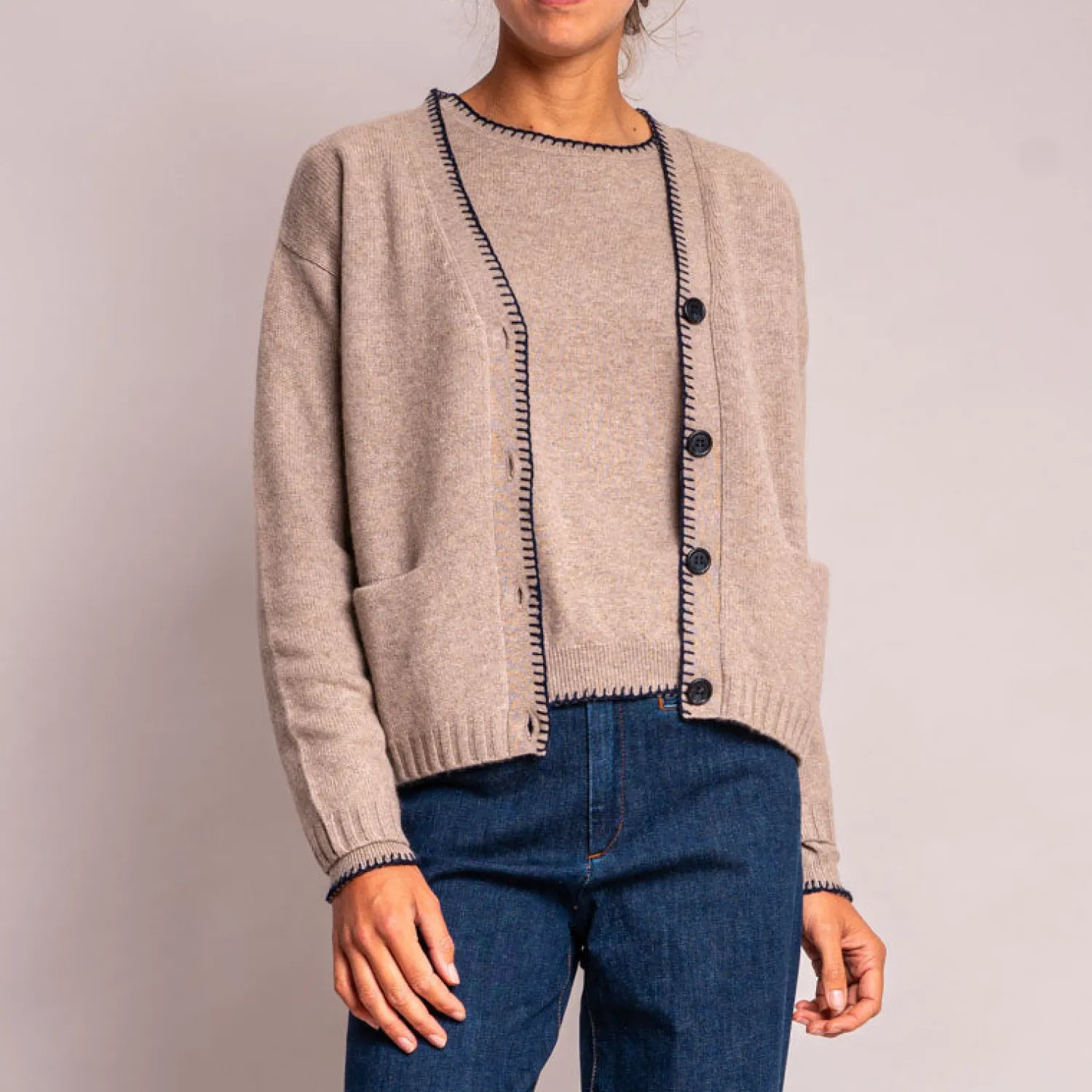 JUMPER1234 Blanket Stitch Cardigan In Brown/Navy