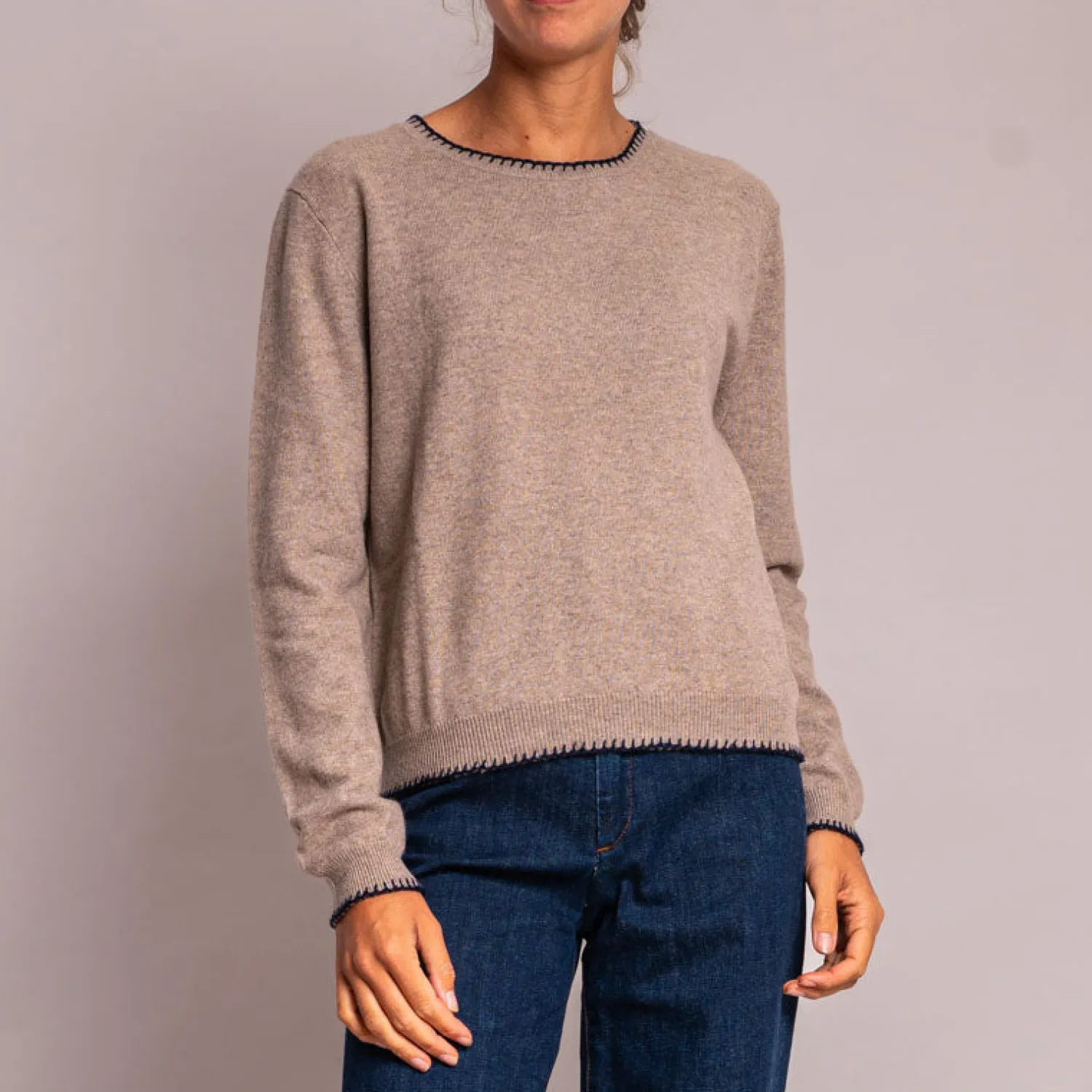 JUMPER1234 Blanket Stitch Crew Neck Jumper In Brown/Navy