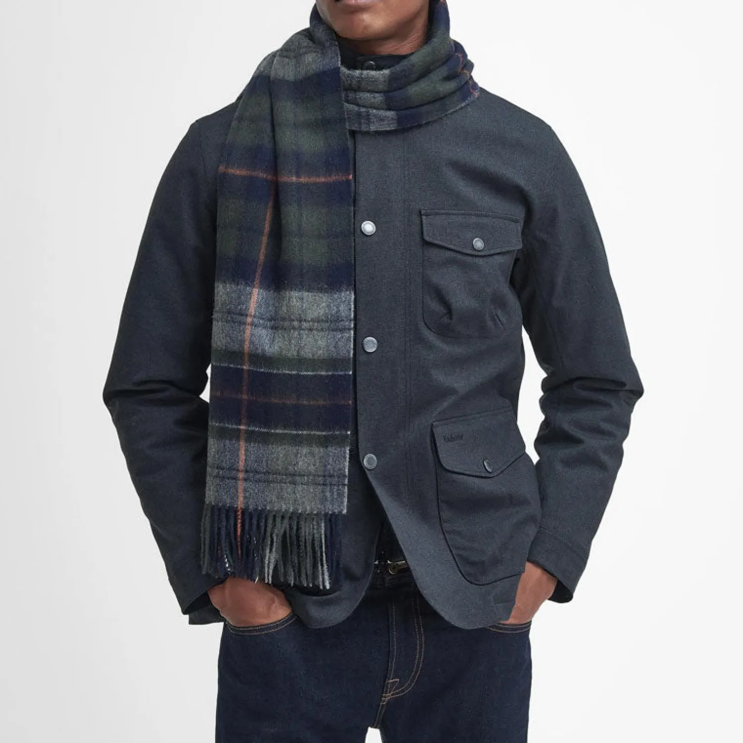 BARBOUR Brack Patchwork Tartan Scarf In Navy/Dark Ginger