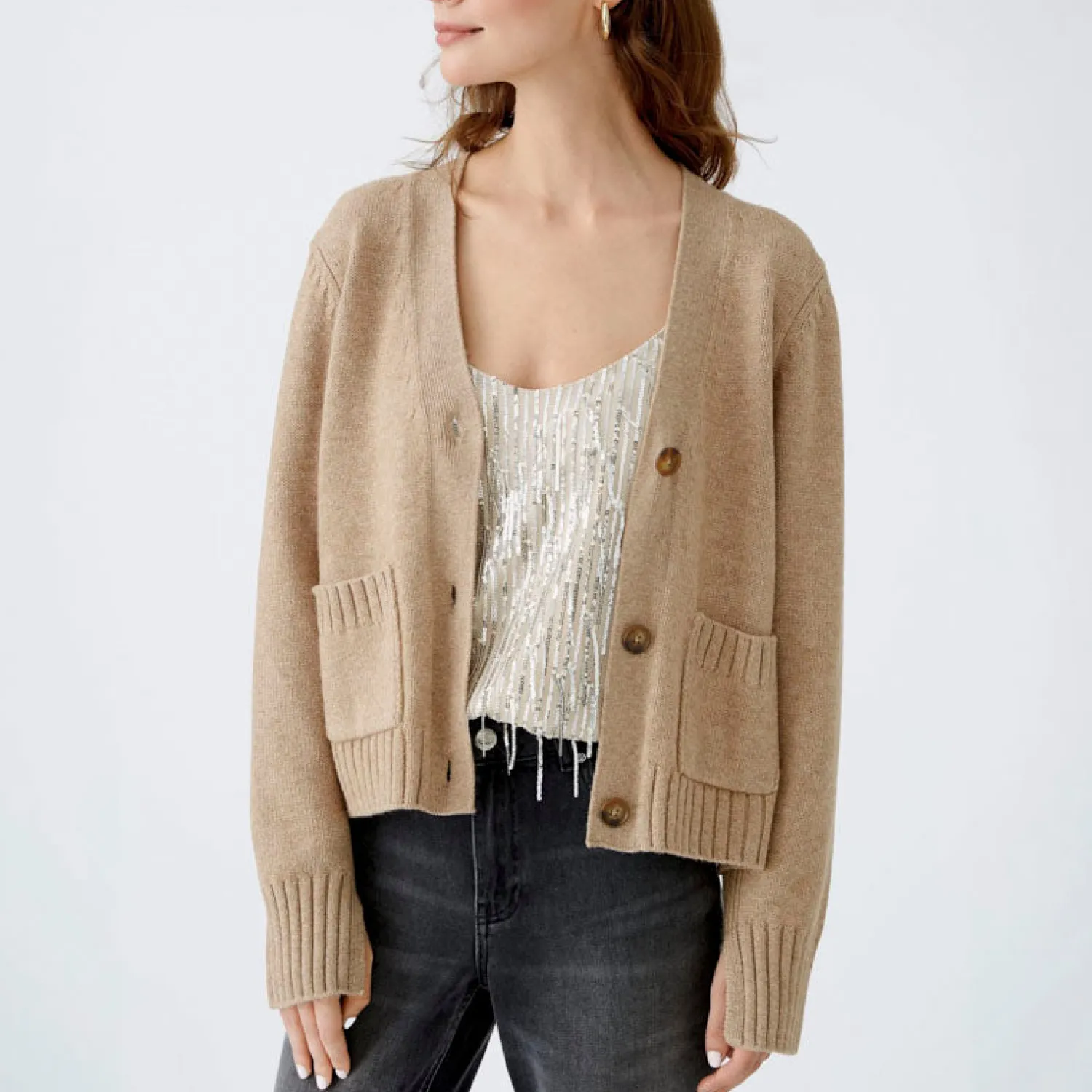 OUI 3 Button Cardigan With Pockets In Beige Melange