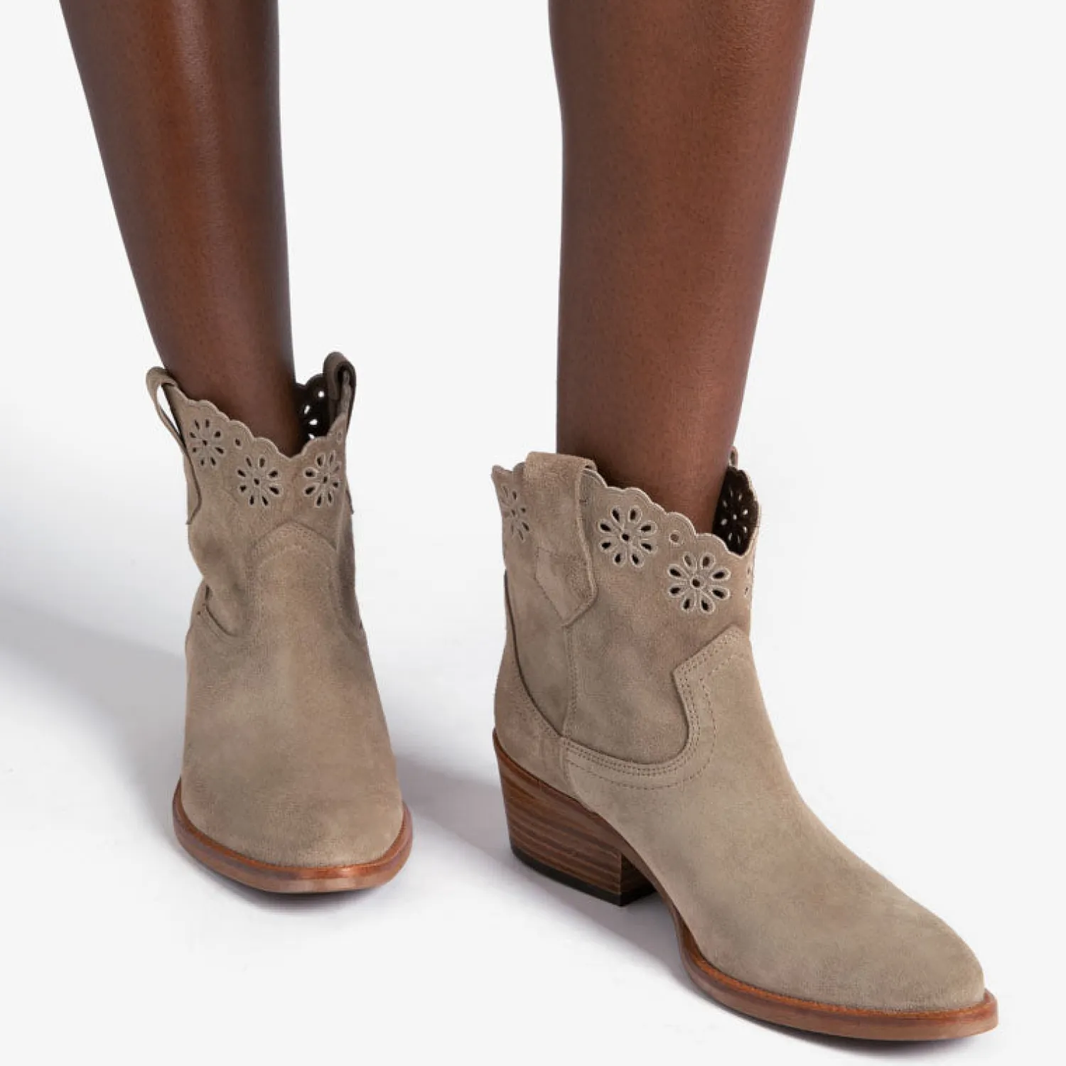 PENELOPE CHILVERS Cali Broderie Suede Cowboy Boot In Sand