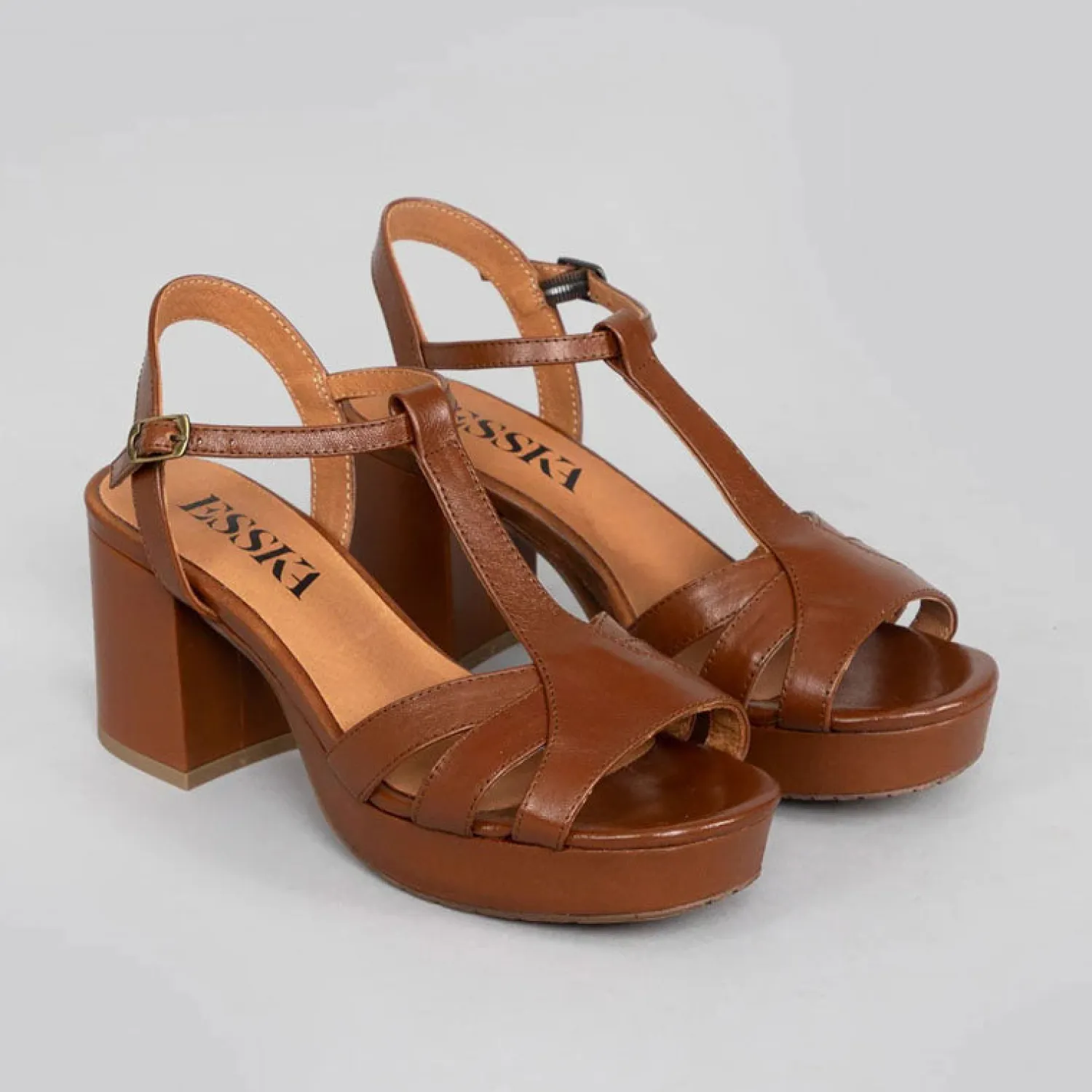 ESSKA Charlie 70s T Bar Sandals In Tan