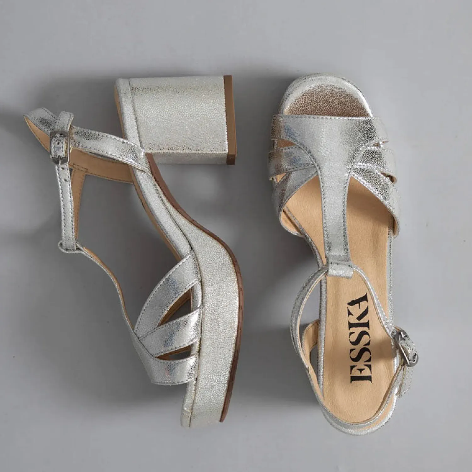 ESSKA Charlie 70s T Bar Sandals In Vegan Silver