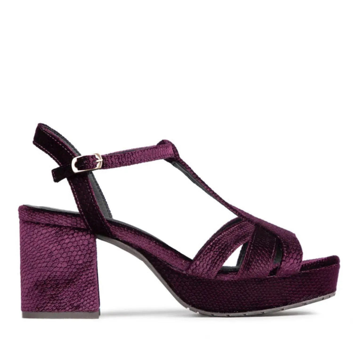 ESSKA Charlie 70s T Bar Sandals In Velvet Plum