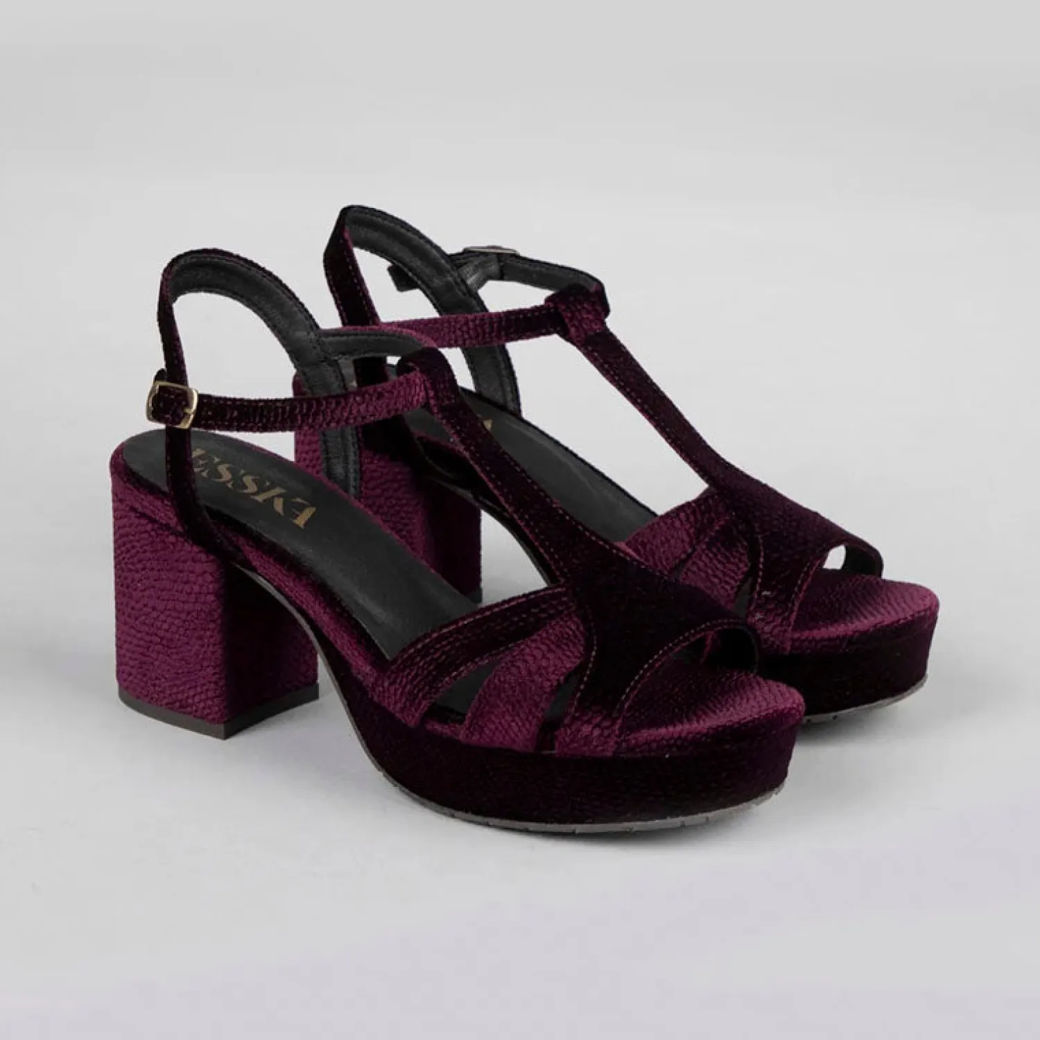 ESSKA Charlie 70s T Bar Sandals In Velvet Plum