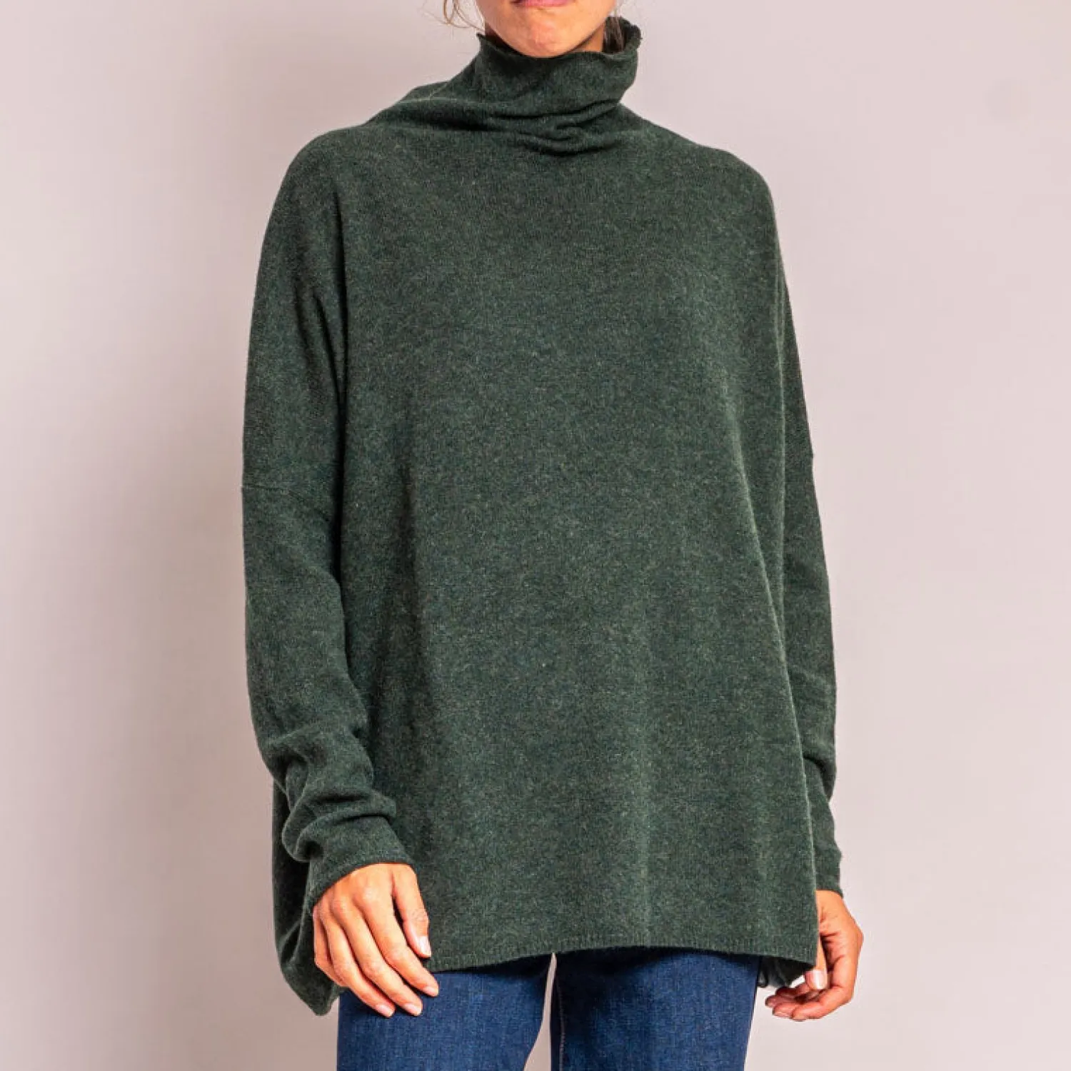 CASH CA Classic Boxy Funnel Neck Knit In Dark Green