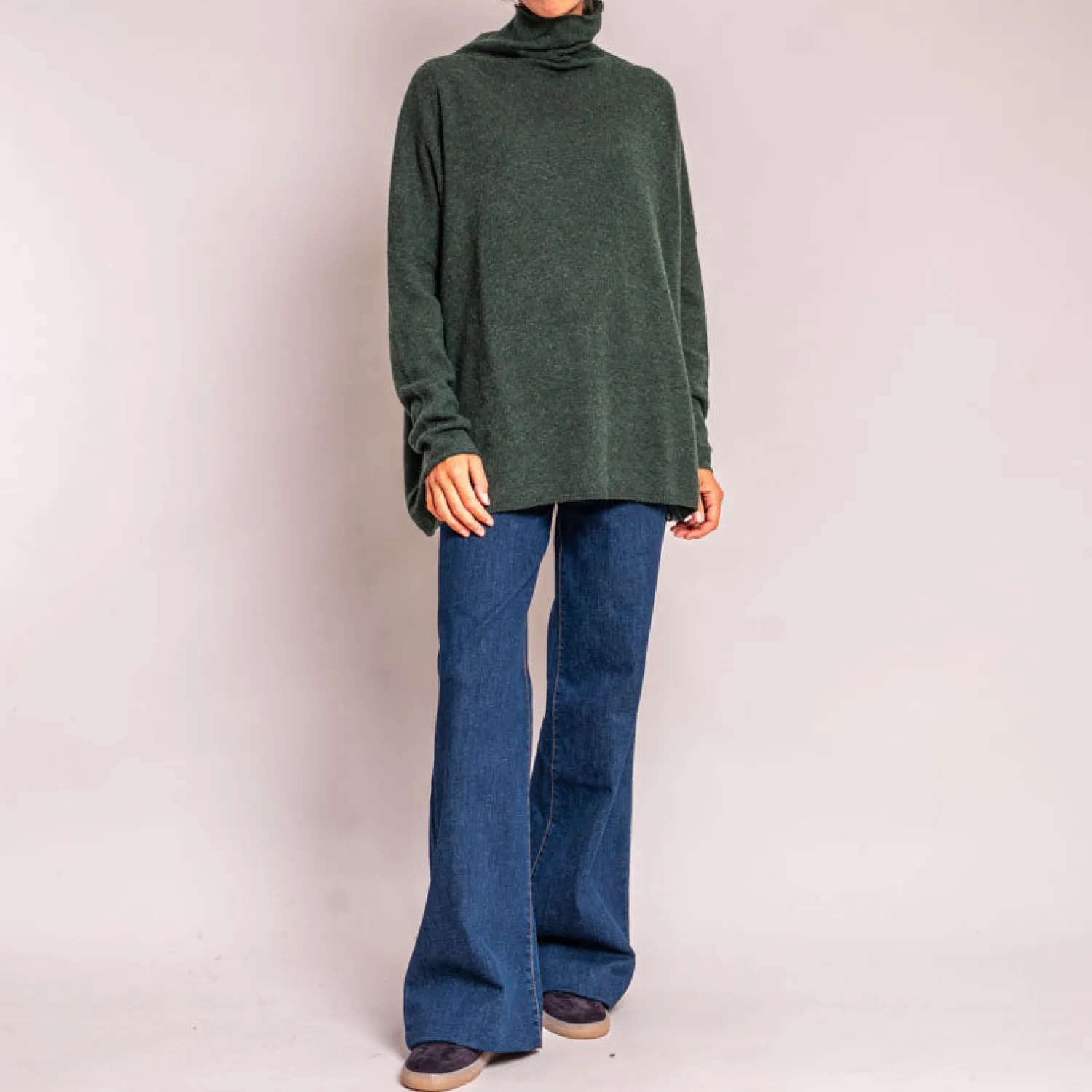 CASH CA Classic Boxy Funnel Neck Knit In Dark Green