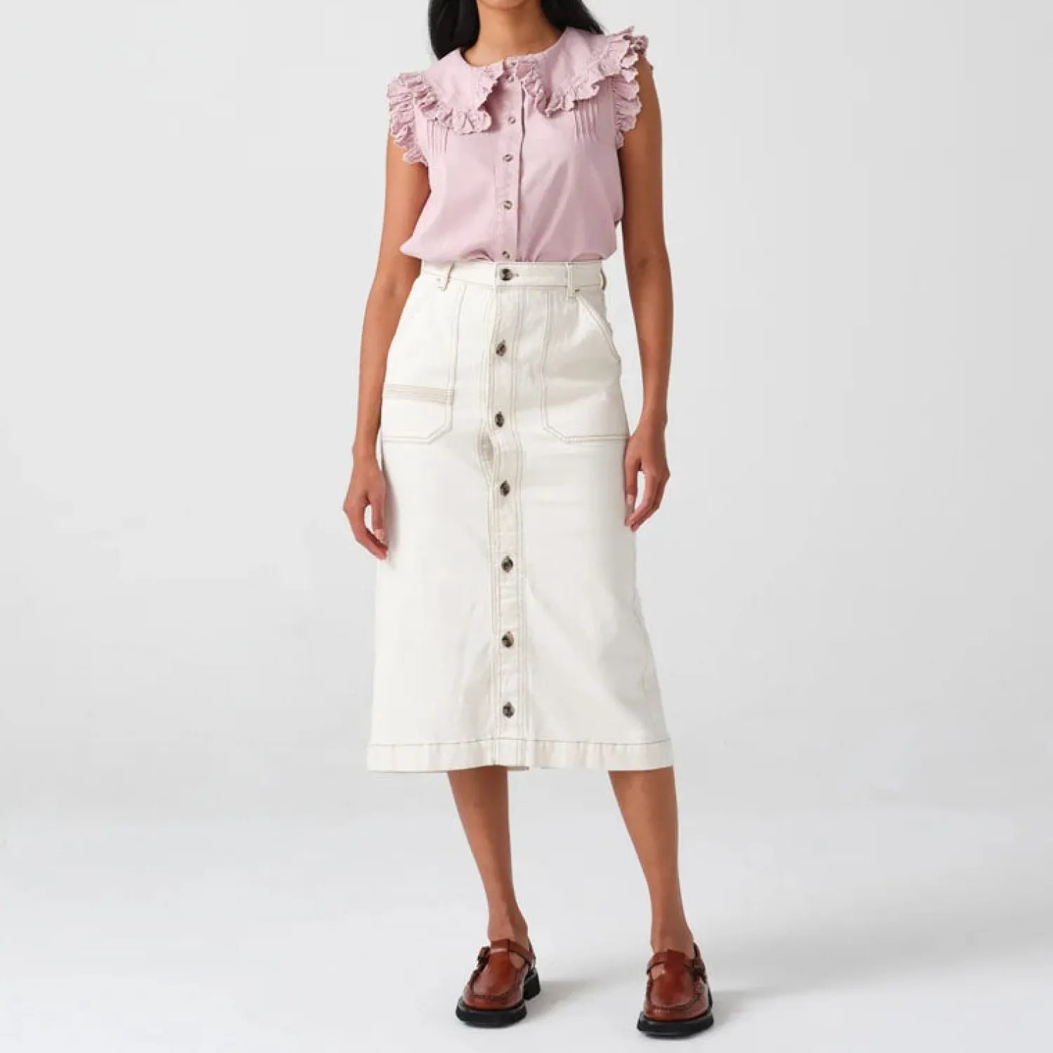 SEVENTY & MOCHI Elodie Midi Skirt In Ecru Denim