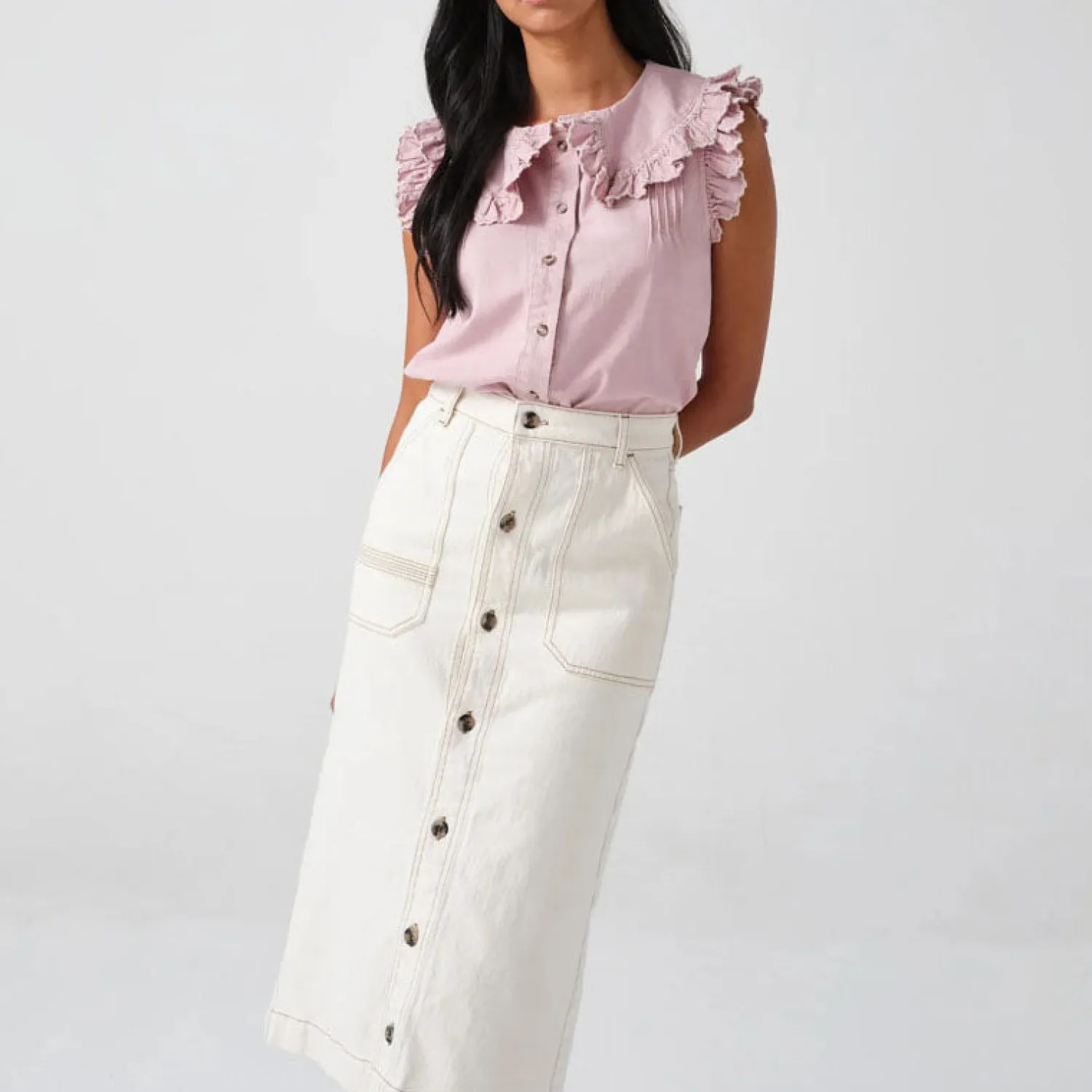 SEVENTY & MOCHI Elodie Midi Skirt In Ecru Denim