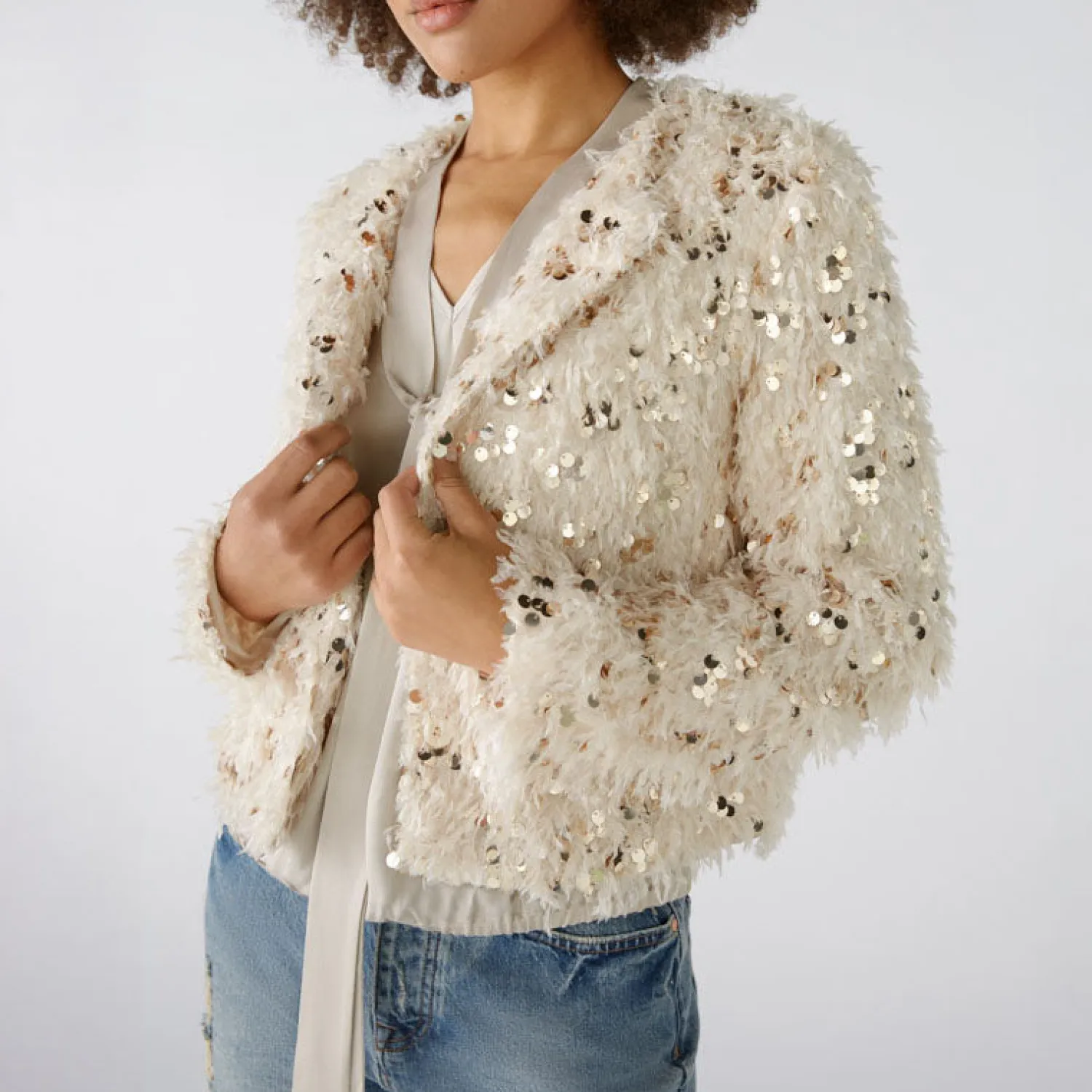 OUI Feather Look Sequin Jacket In Off White/Camel