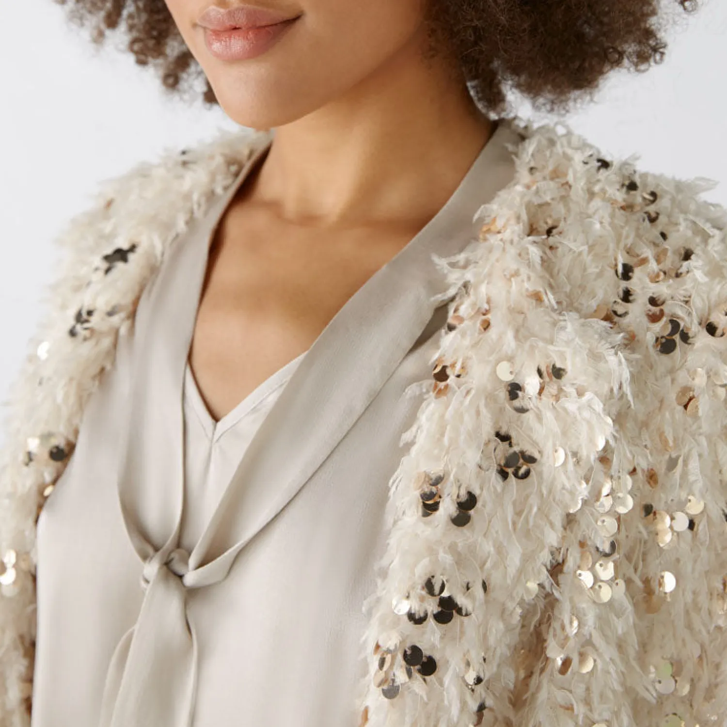 OUI Feather Look Sequin Jacket In Off White/Camel