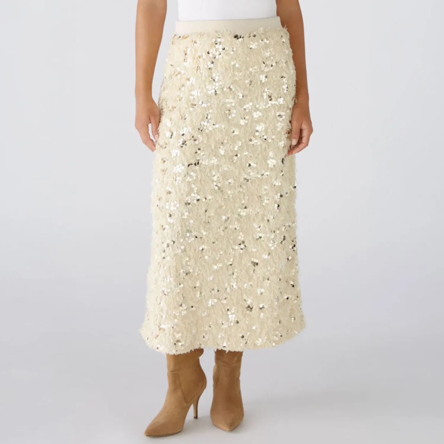 OUI Feather Look Sequin Skirt In Off White/Camel