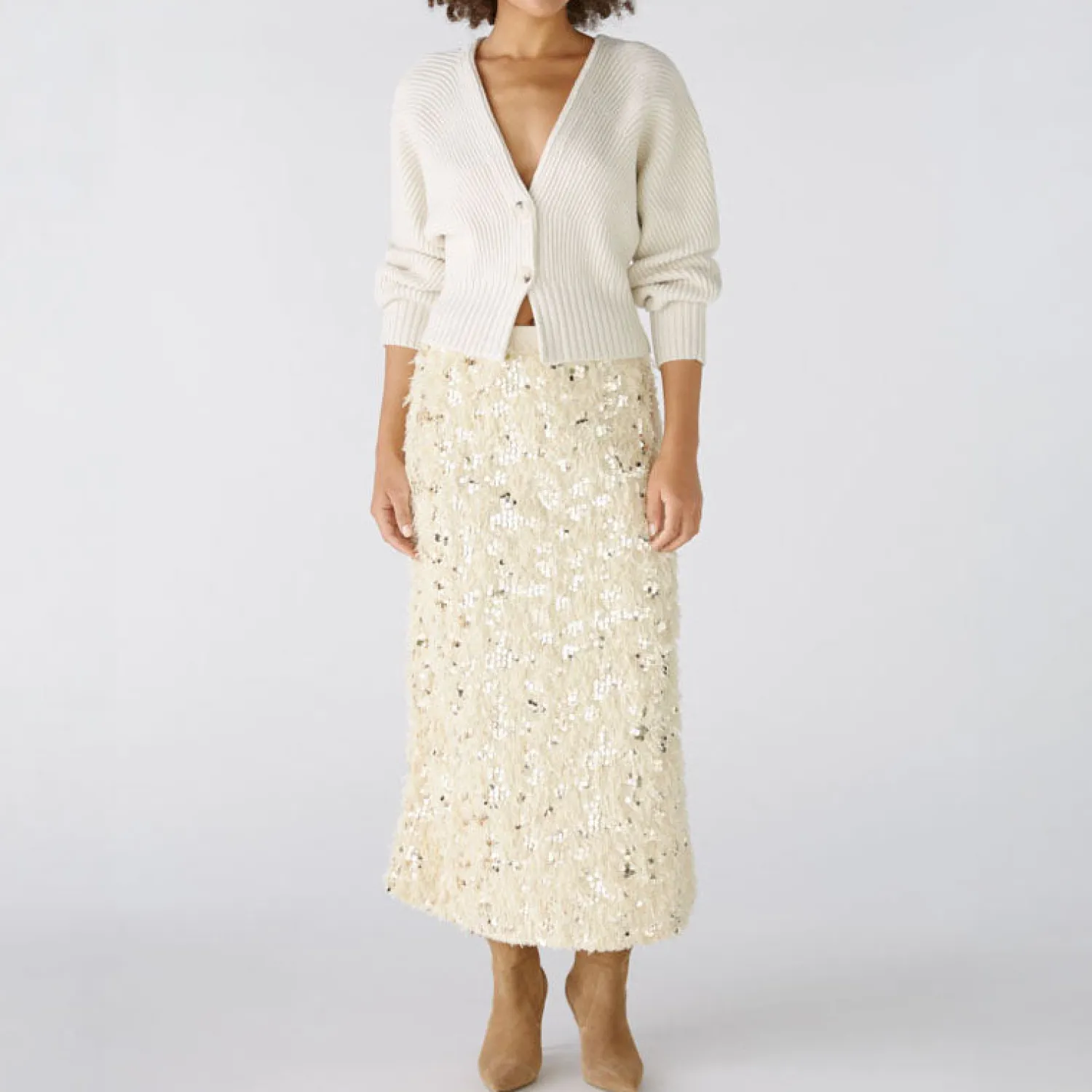 OUI Feather Look Sequin Skirt In Off White/Camel