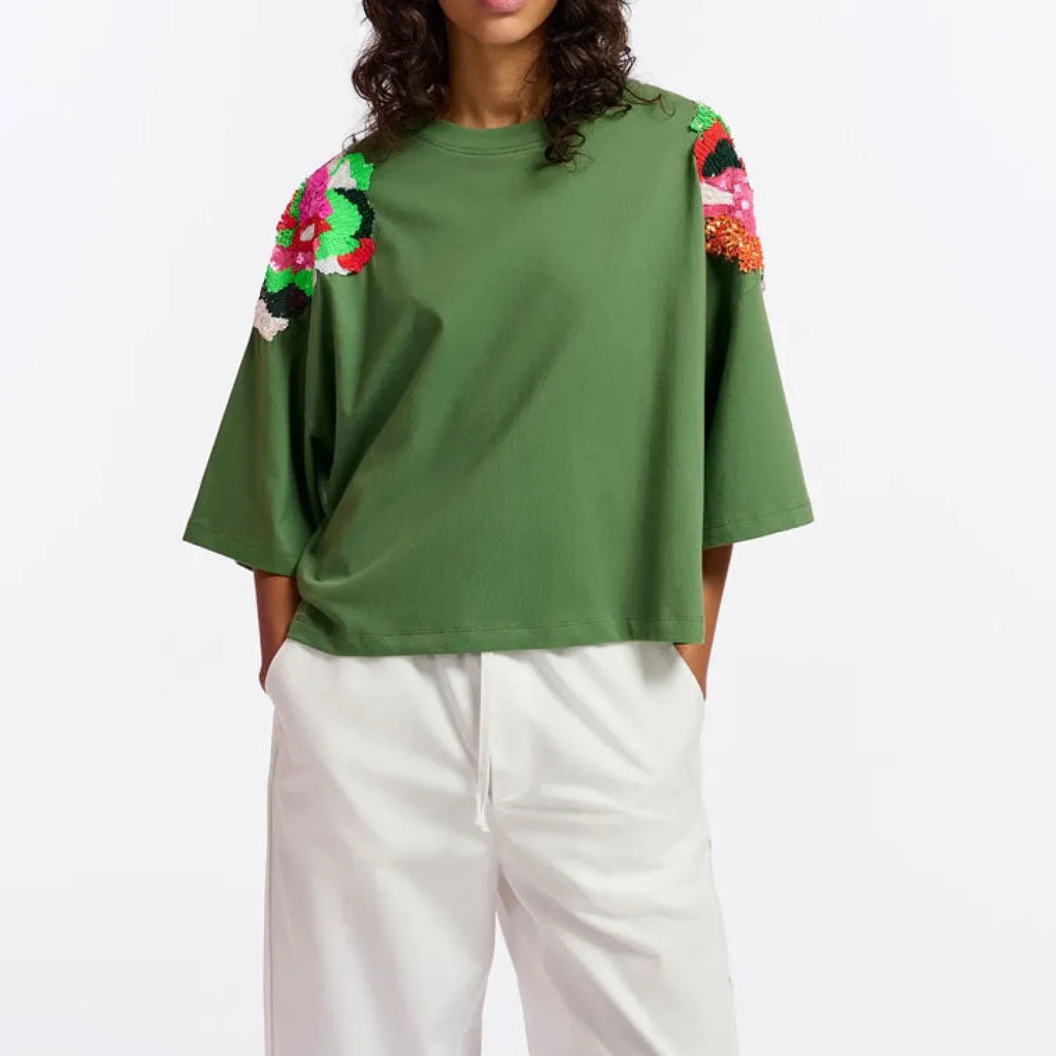 ESSENTIEL ANTWERP Fester Embroidered T Shirt In Emerald