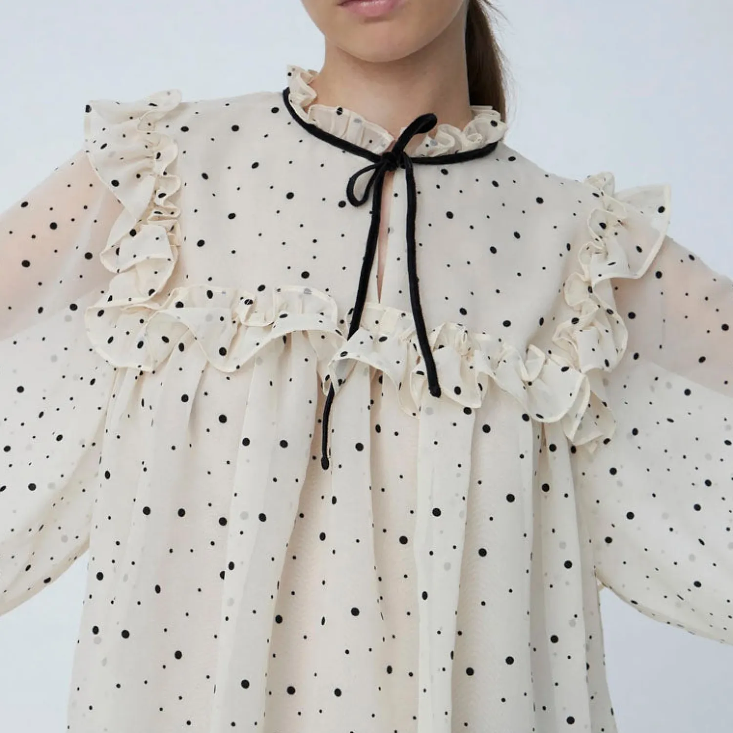 STELLA NOVA Flock Printed Flounce Blouse In Creme/Black