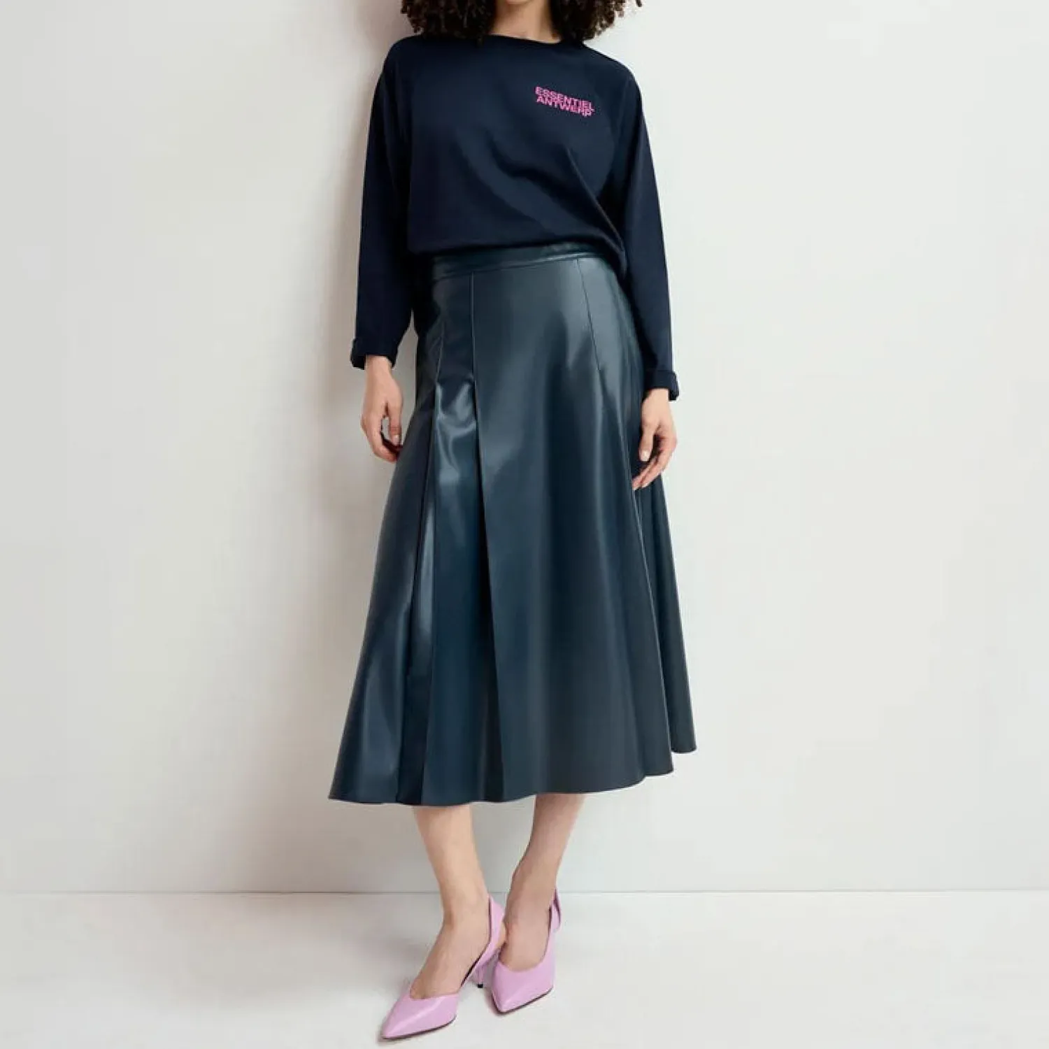 ESSENTIEL ANTWERP Geeuw Faux Leather Midi Skirt In Another Blue