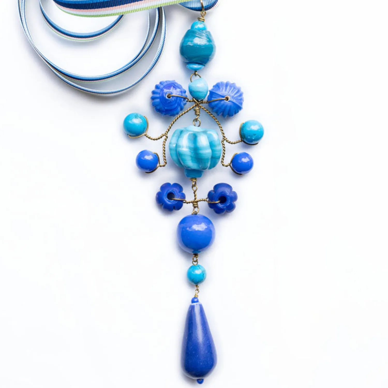 PHILIPPA KUNISCH Grand Gypsy Necklace In Blue Mix With Multi Ribbon