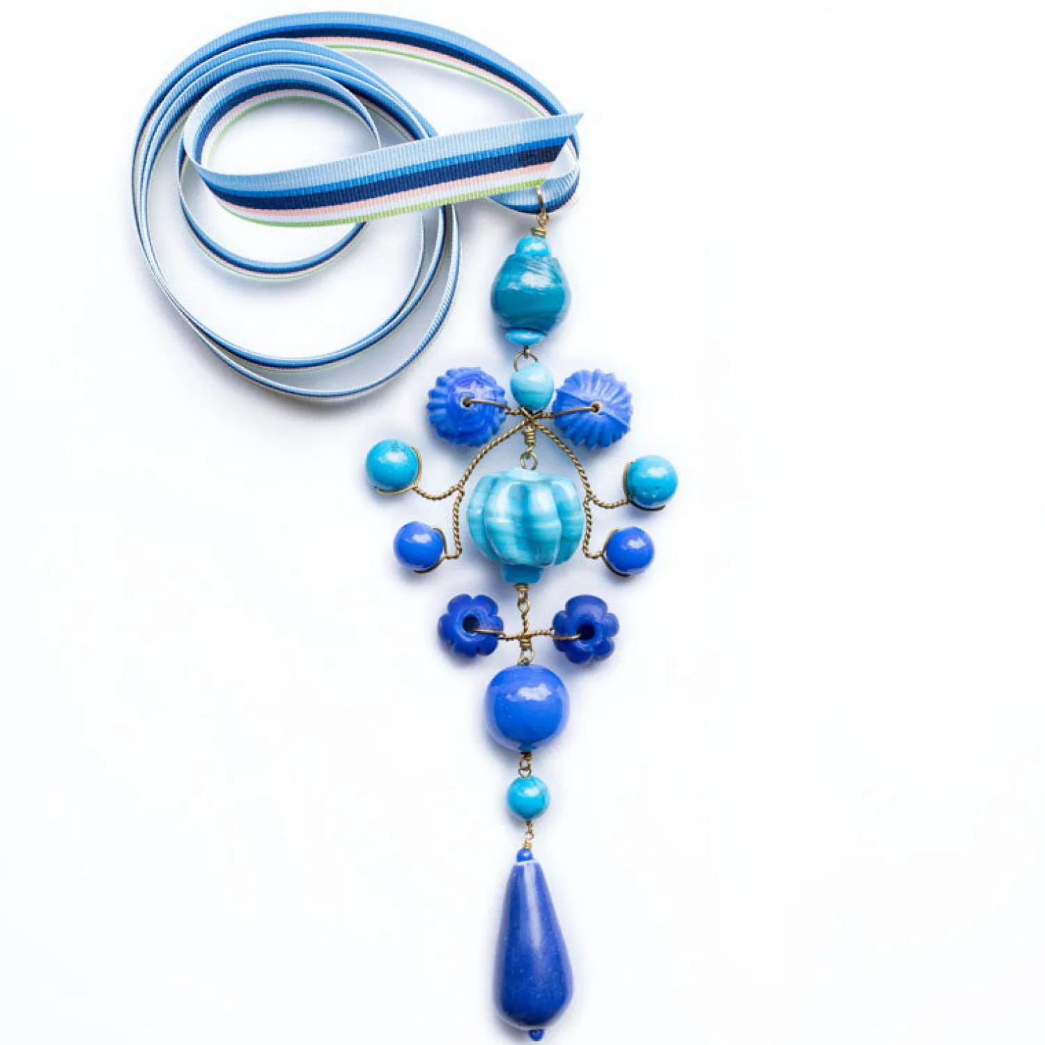 PHILIPPA KUNISCH Grand Gypsy Necklace In Blue Mix With Multi Ribbon