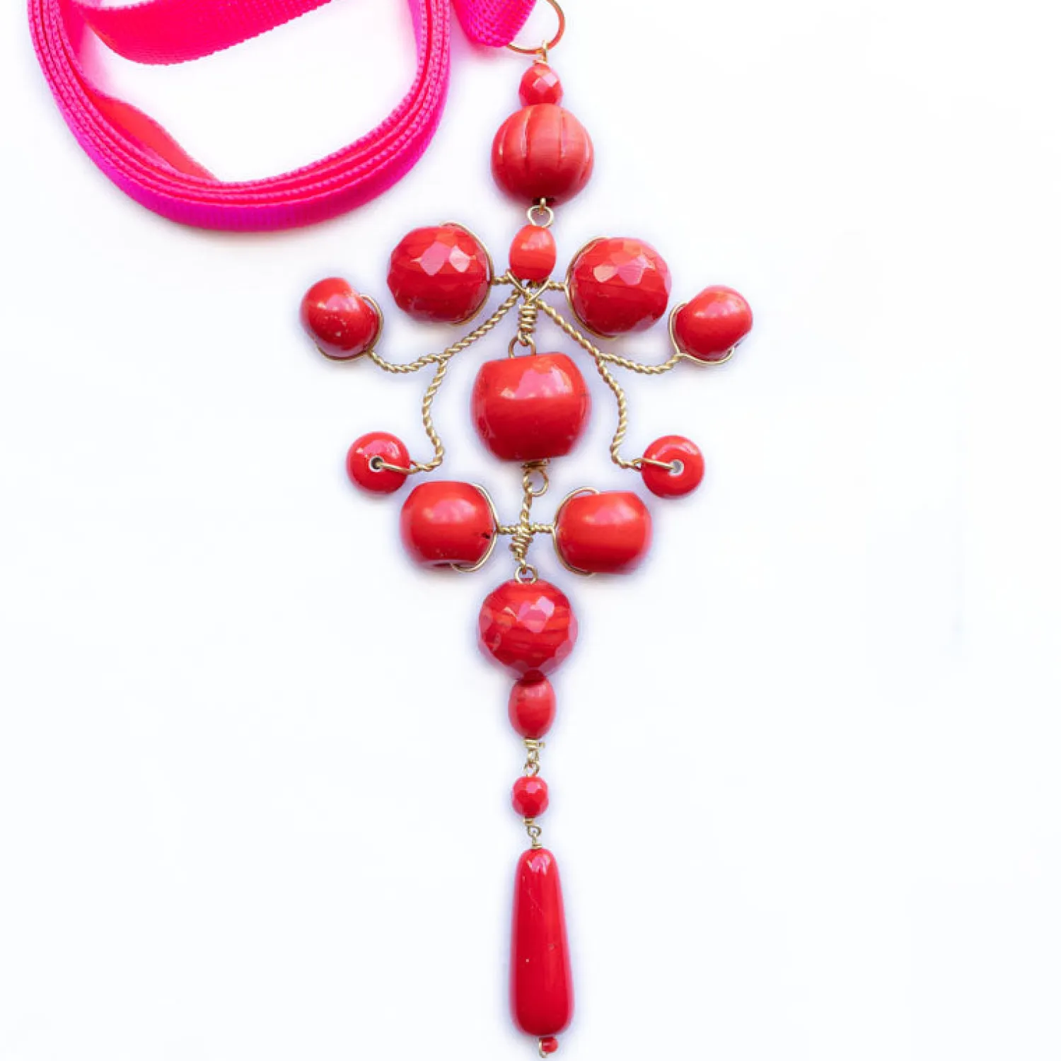 PHILIPPA KUNISCH Grand Gypsy Necklace In Red With Neon Pink Ribbon