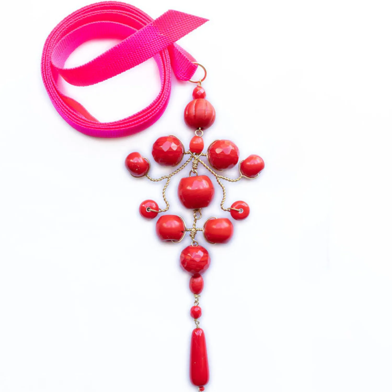 PHILIPPA KUNISCH Grand Gypsy Necklace In Red With Neon Pink Ribbon