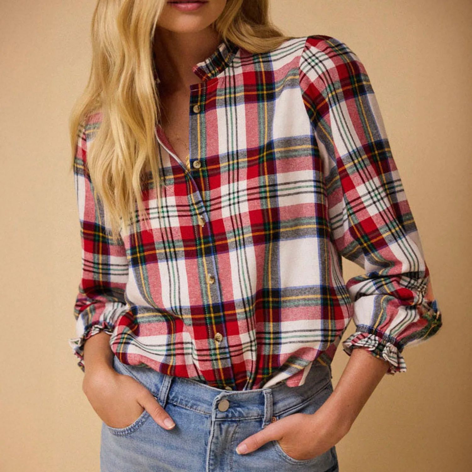 BY IRIS Imani Tartan Blouse In Red & White