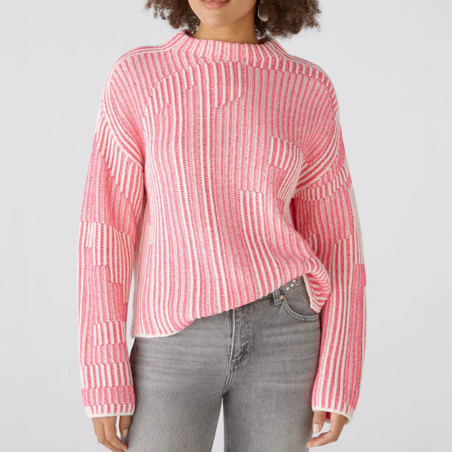 OUI Jacquard Stripe Turtleneck Jumper In Pink/White