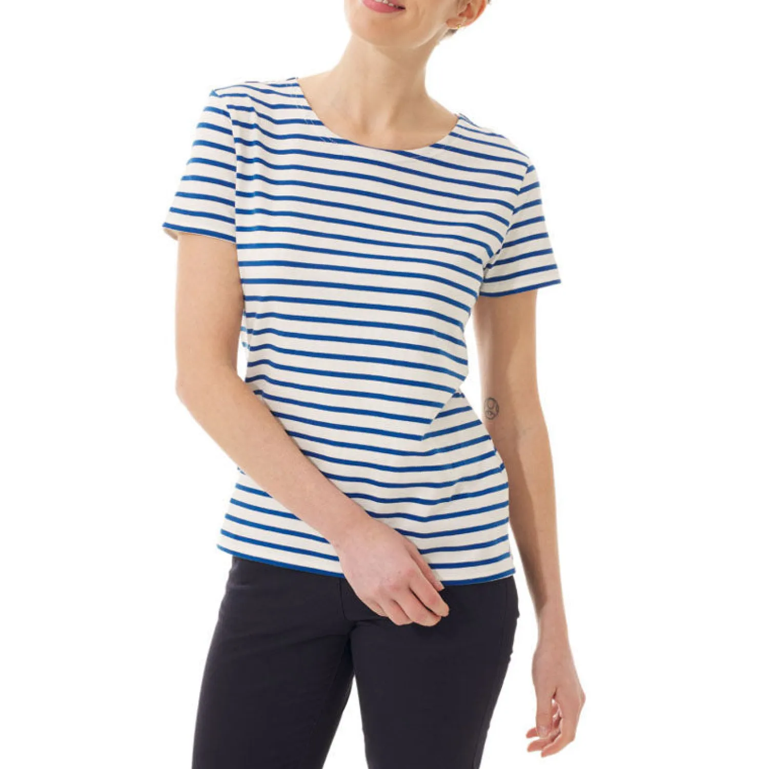 MOUSQUETON Kaelig Stripe S/S T Shirt In Ecru/Royal Blue