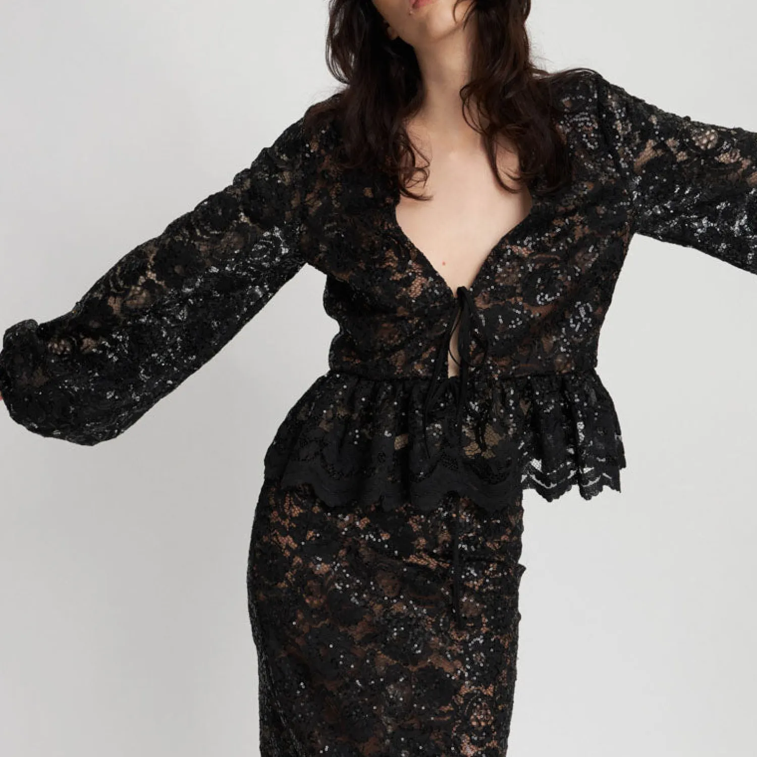 STELLA NOVA Lace Sequins Blouse In Black