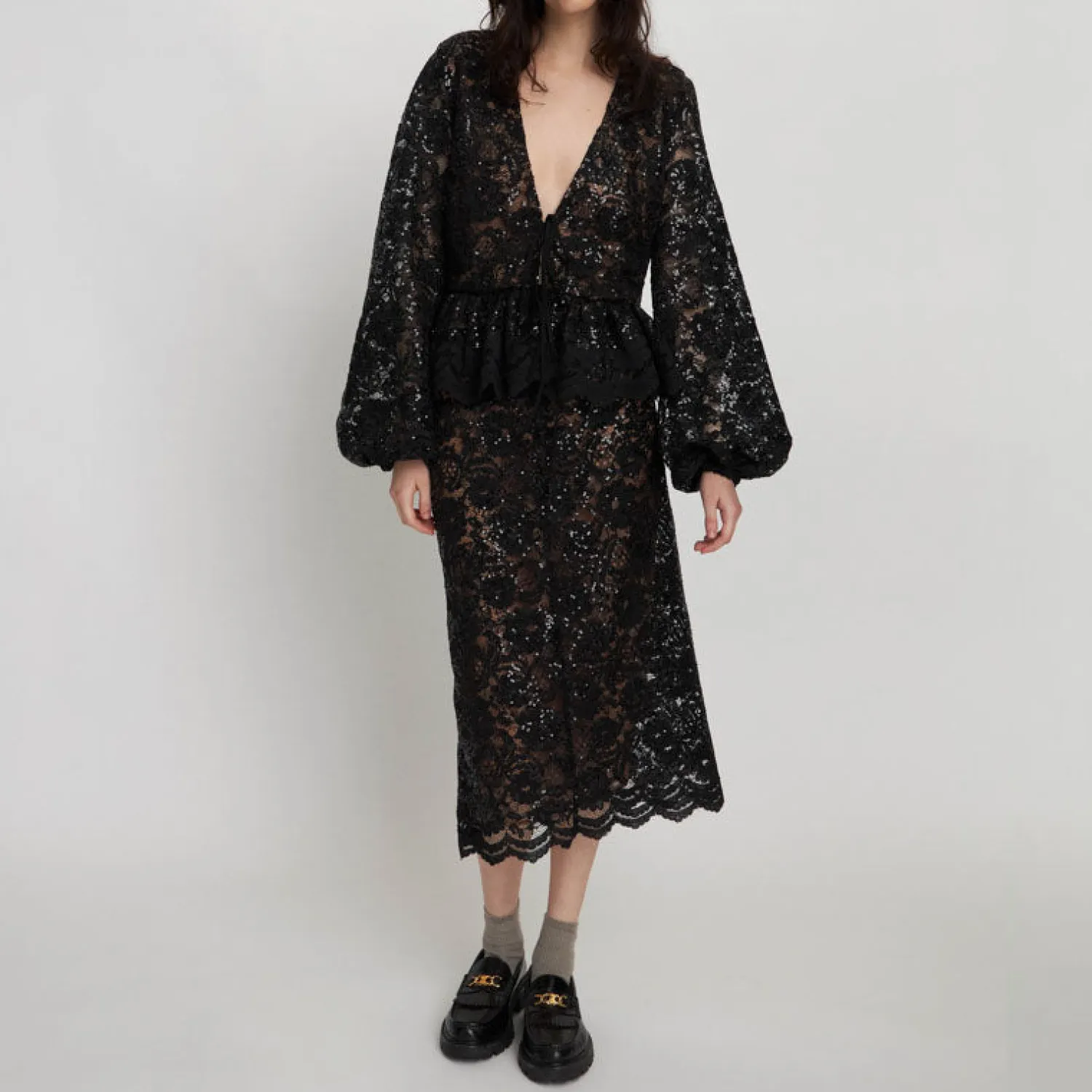 STELLA NOVA Lace Sequins Blouse In Black