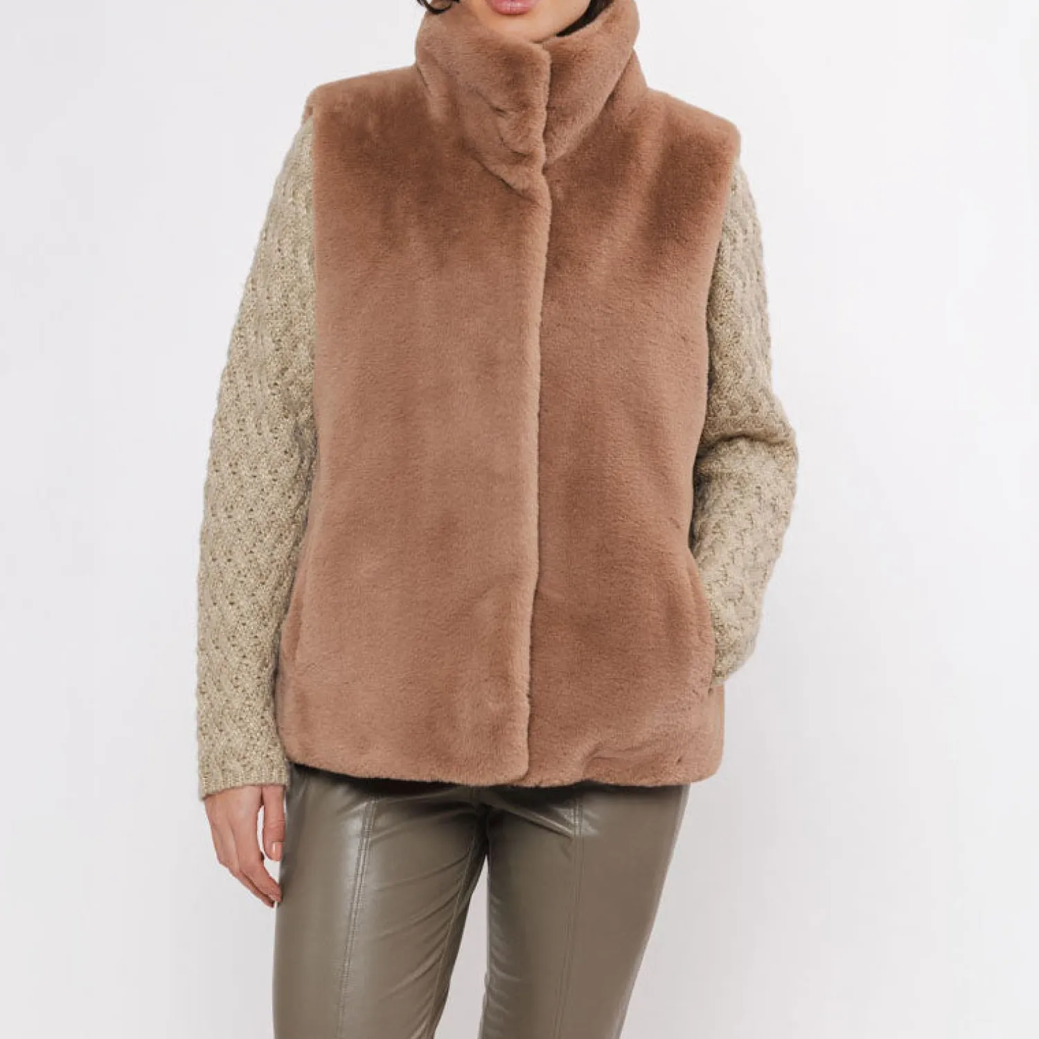 RINO & PELLE Lison Short Faux Fur Gilet In Twig