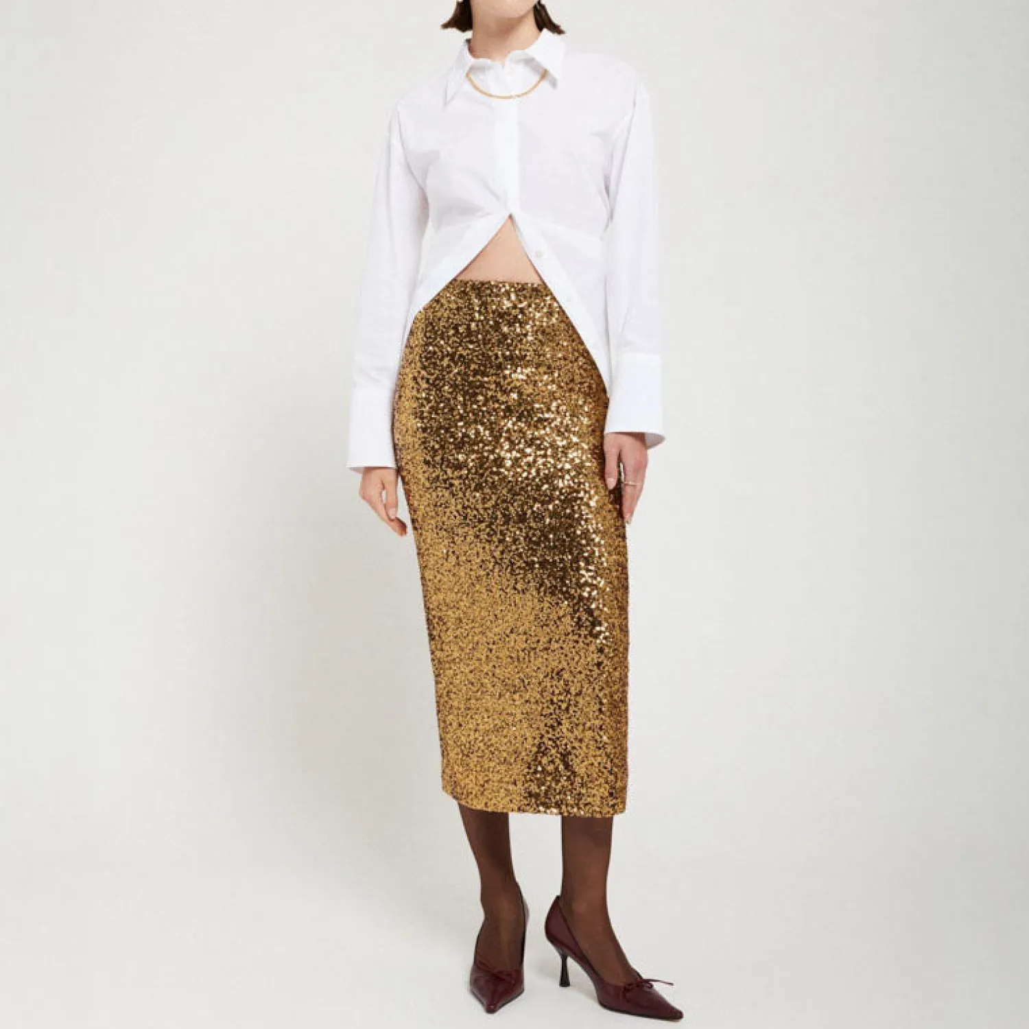 OTTOD AME Longette Sequin Skirt In Gold