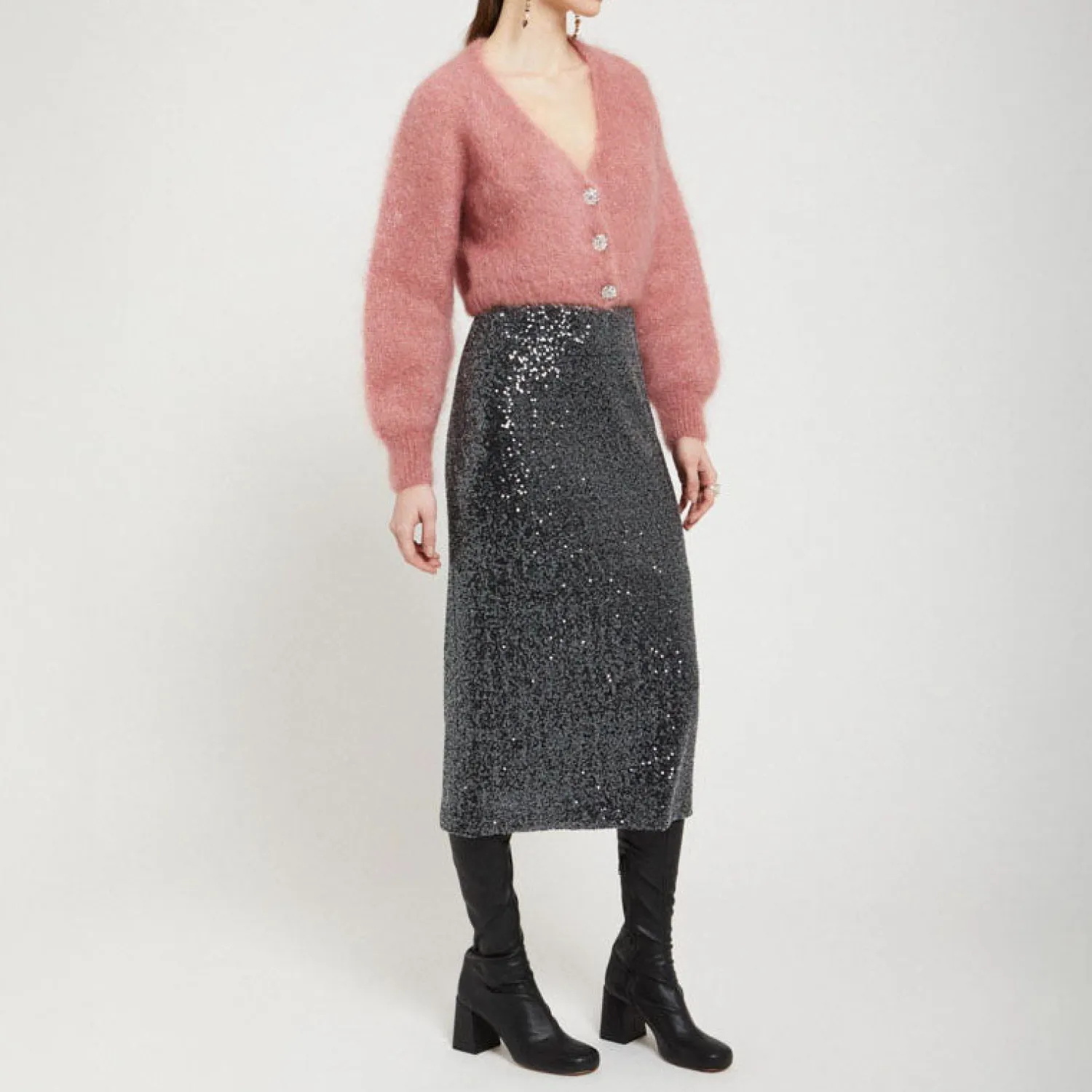 OTTOD AME Longette Sequin Skirt In Smoke