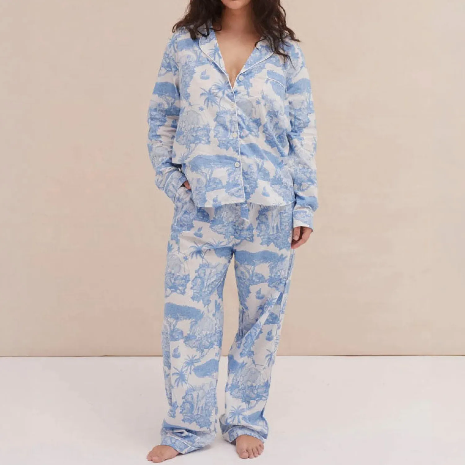 DESMOND & DEMPSEY Loxodonta Long PJ Set In Blue