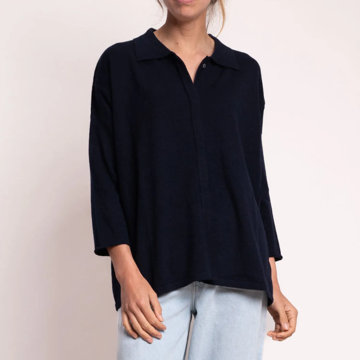 COLLEN & CLARE Melody 3/4 Sleeve Knit With Collar In Navy Marl