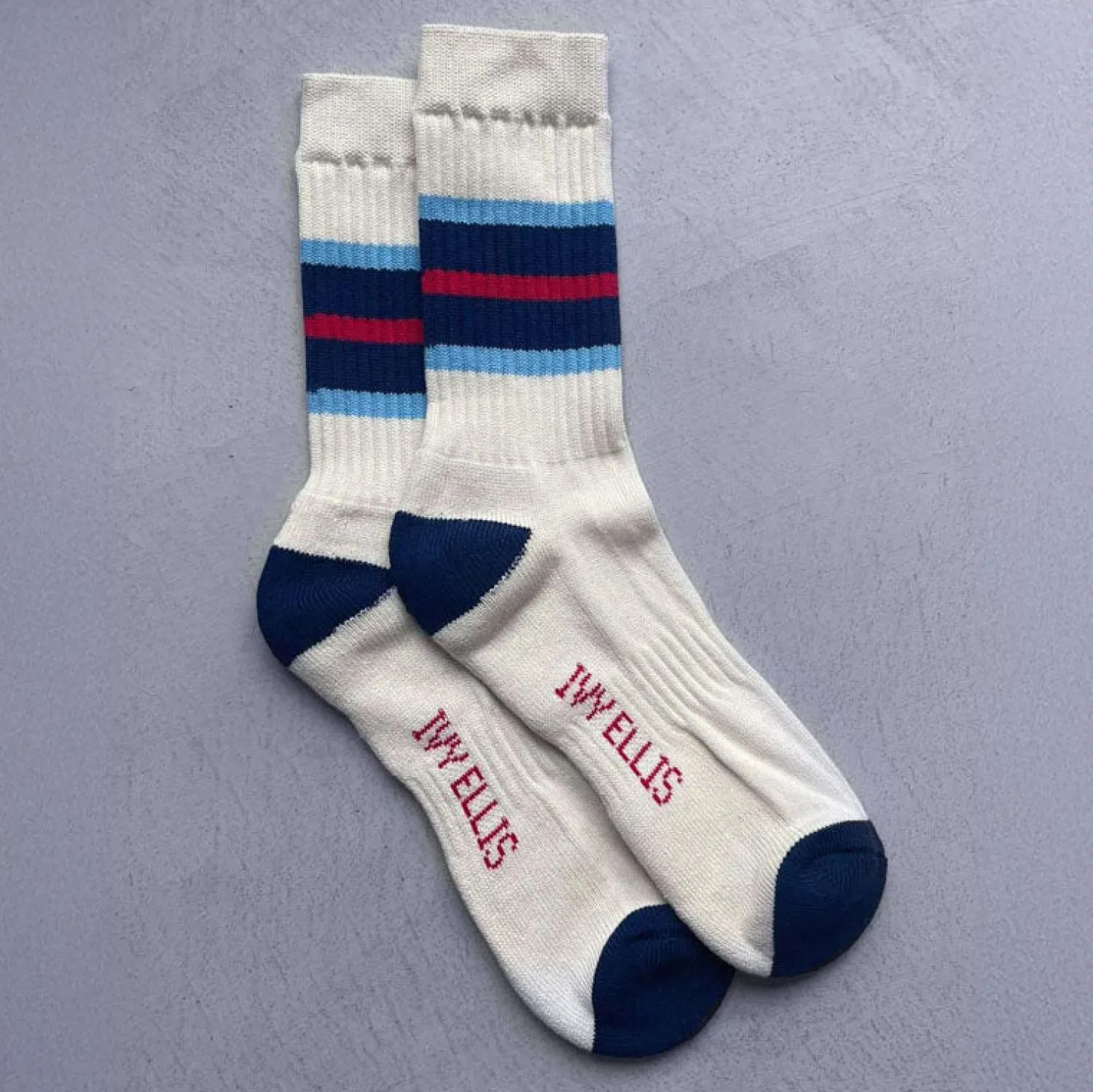 IVY ELLIS Mens Carlos Crew Length Socks In White/Blue/Red