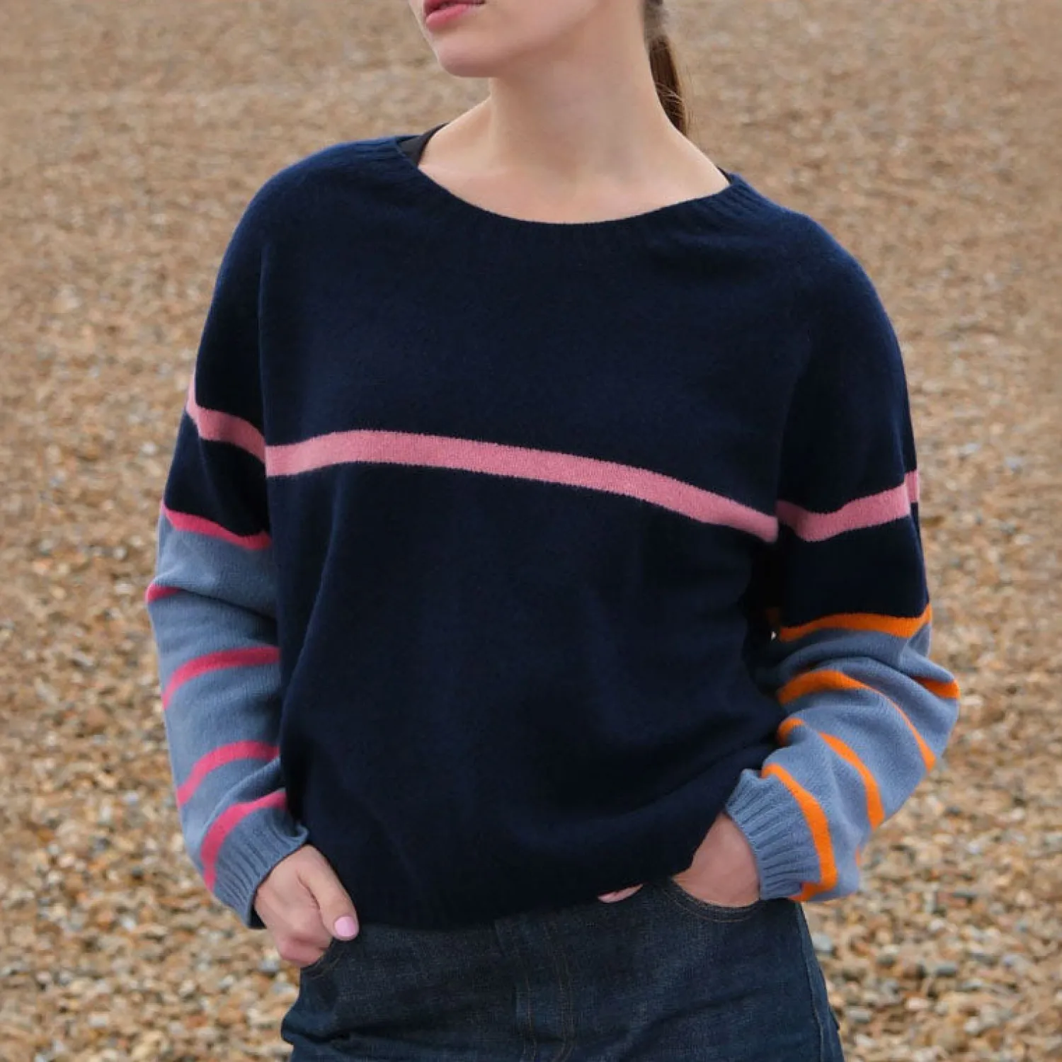 QUINTON & CHADWICK Multi Stripe Raglan Jumper In Navy/Nero