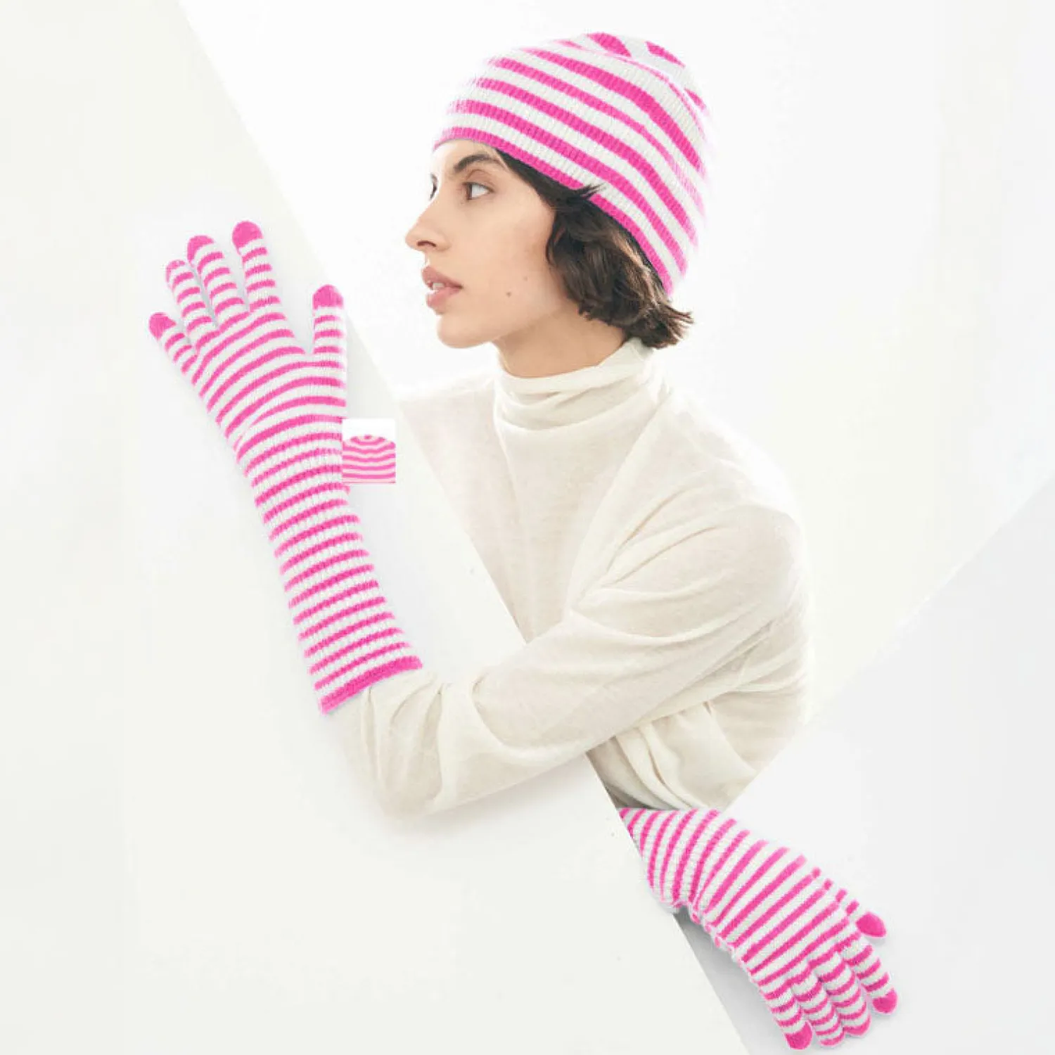 JUMPER1234 Narrow Stripe Rib Beanie In Hot Pink/Cream