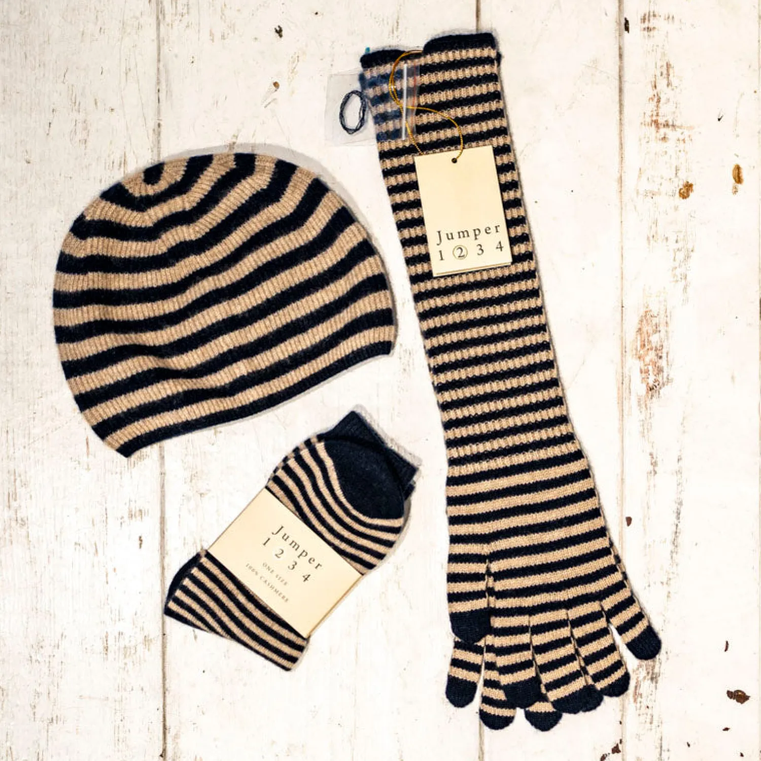 JUMPER1234 Narrow Stripe Rib Beanie In Navy/Light Brown