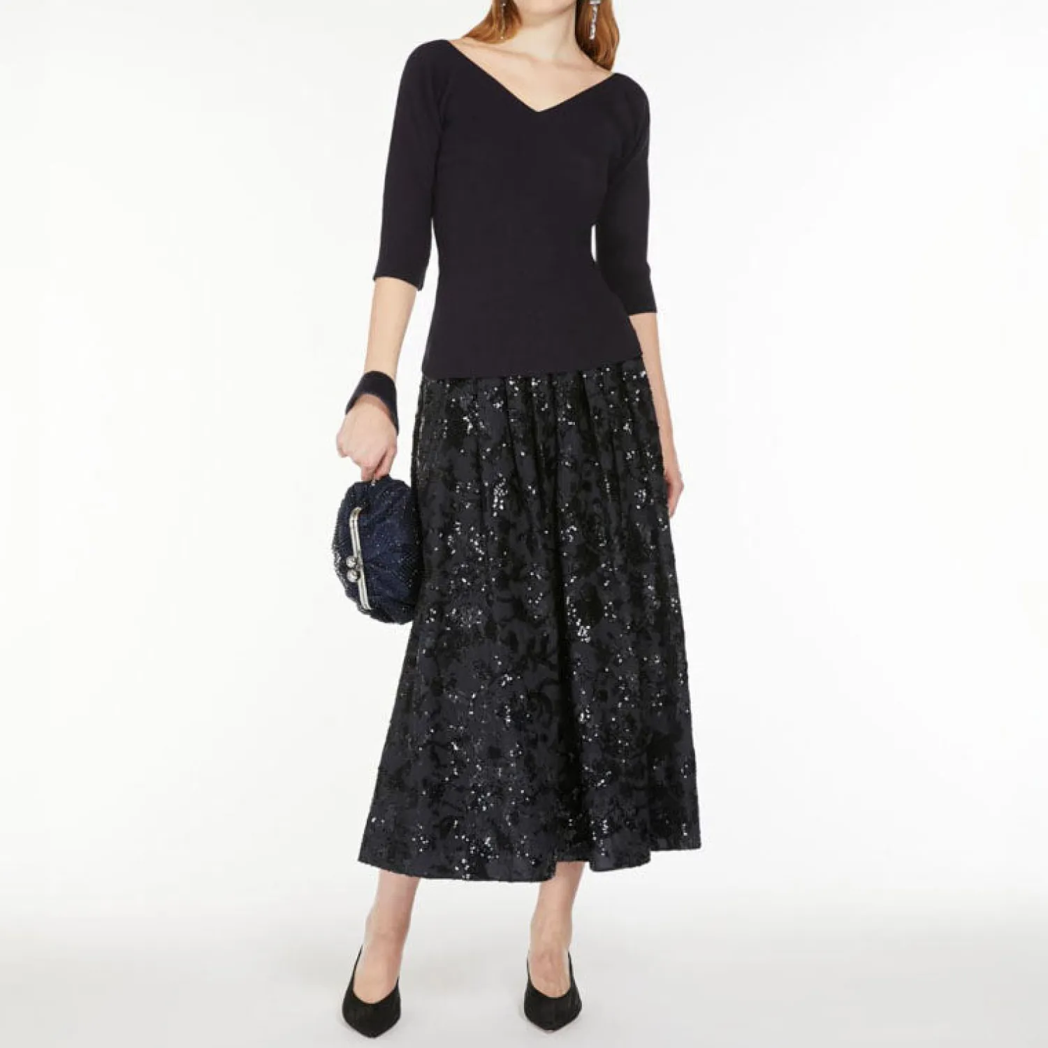 WEEKEND MAXMARA Nome Wide Cotton Skirt With Sequins In Navy