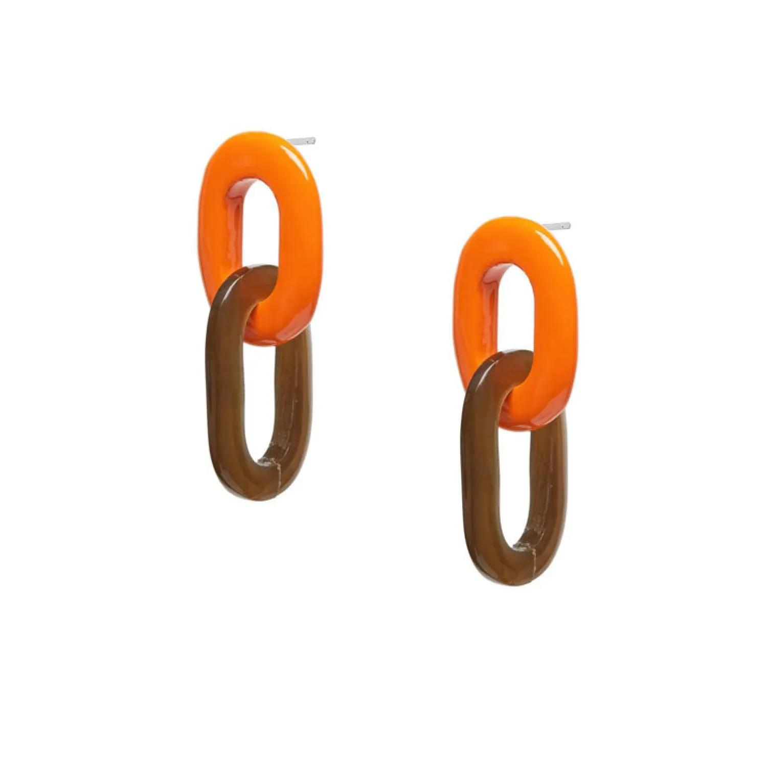 BRANCH JEWELLERY Orange Lacquered And Brown Natural Buffalo Horn Oval Link Earrings