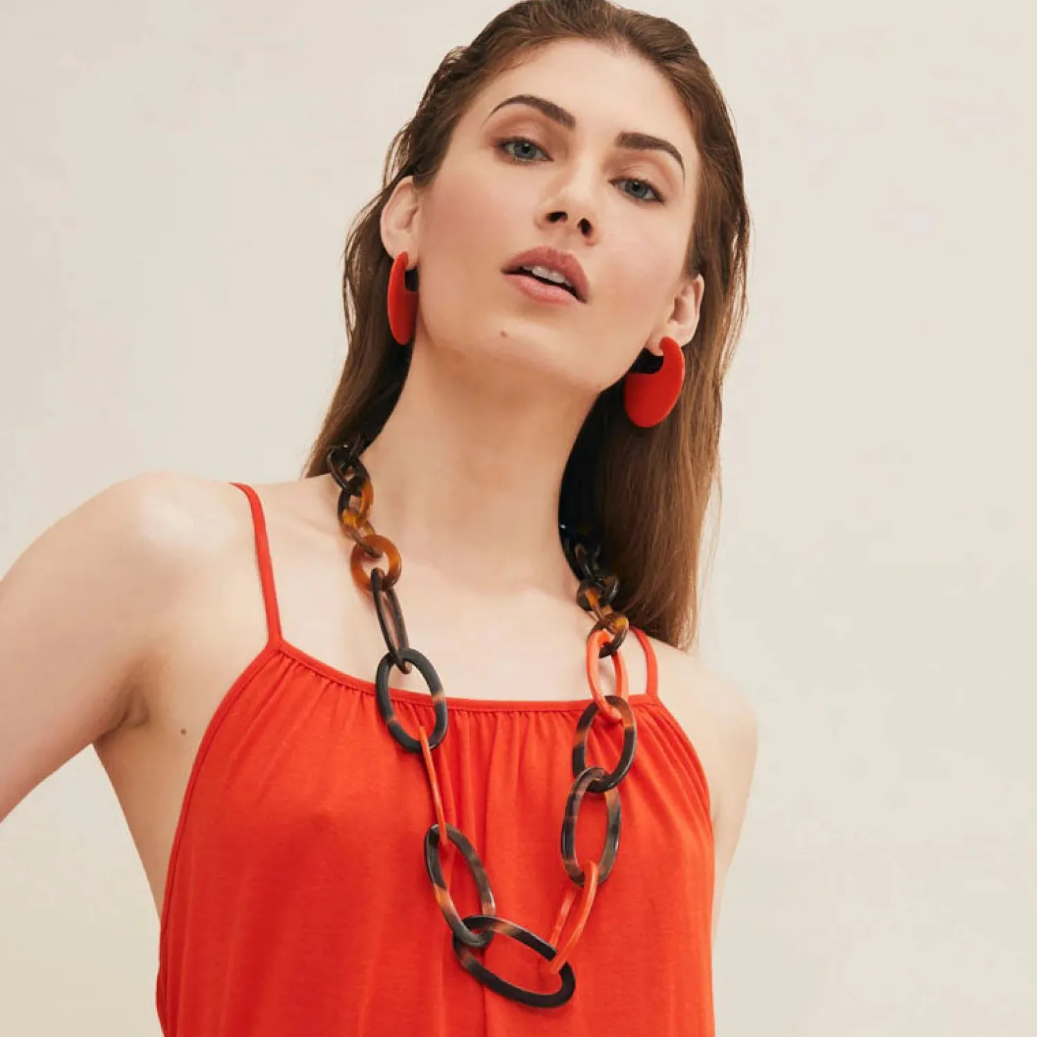 BRANCH JEWELLERY Orange Lacquered And Brown Natural Buffalo Horn Oval Link Necklace