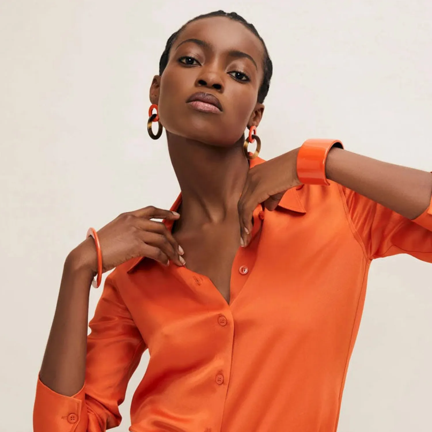 BRANCH JEWELLERY Orange Lacquered And Brown Natural Horn Small Oval Link Earrings