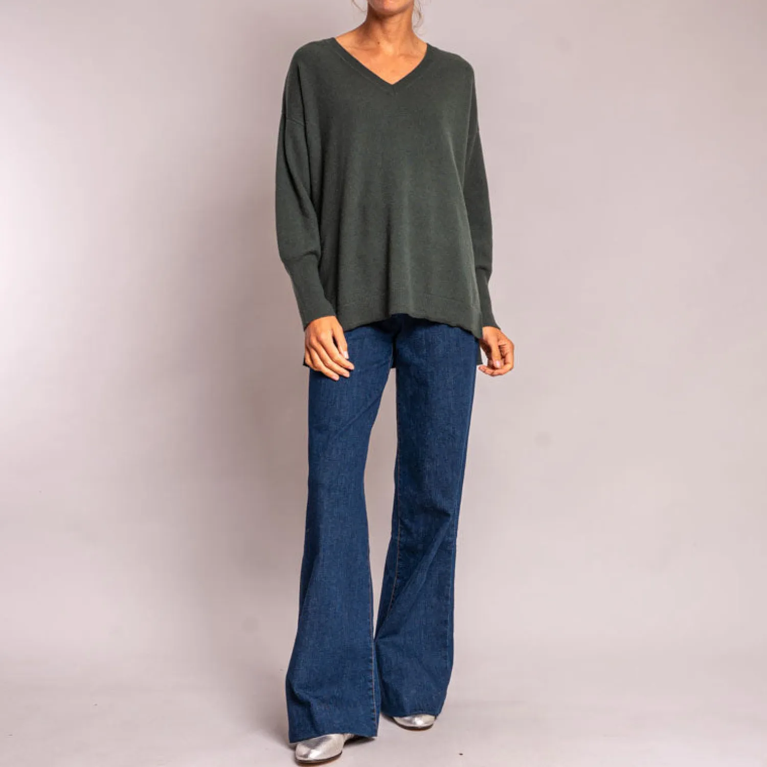 JUMPER1234 Oversize V Neck Jumper In Khaki