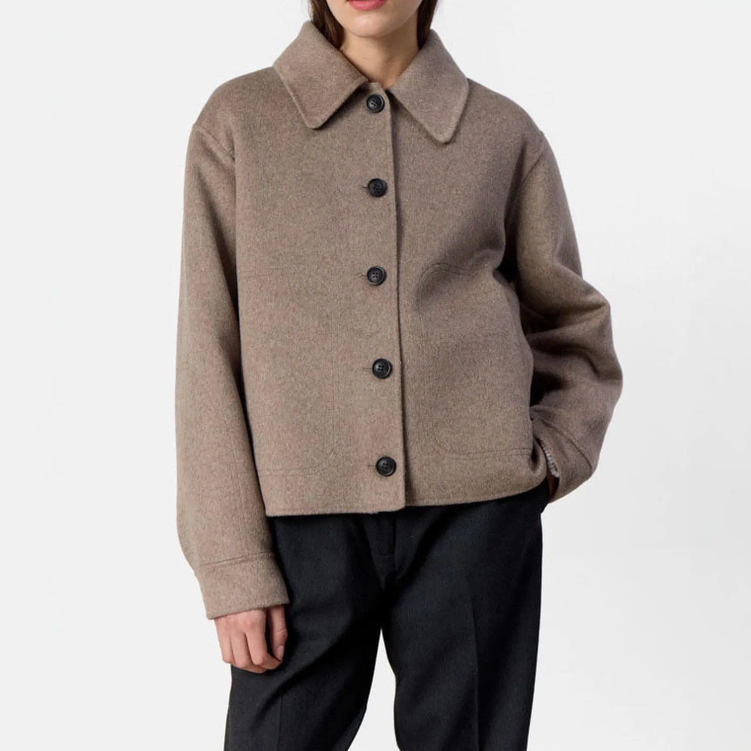 LEVETE ROOM Owa 25 Short Wool Coat In Taupe Grey Melange