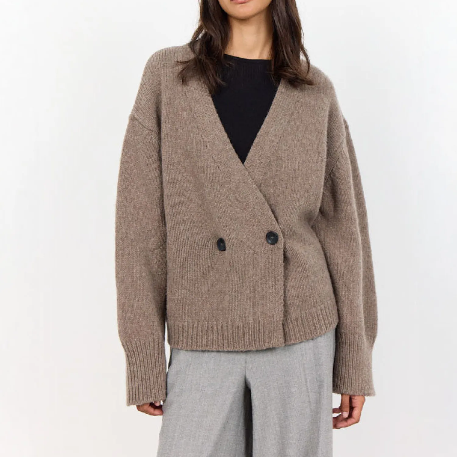 LEVETE ROOM Perle 6 Merino Cashmere Cardigan In Taupe Grey Melange